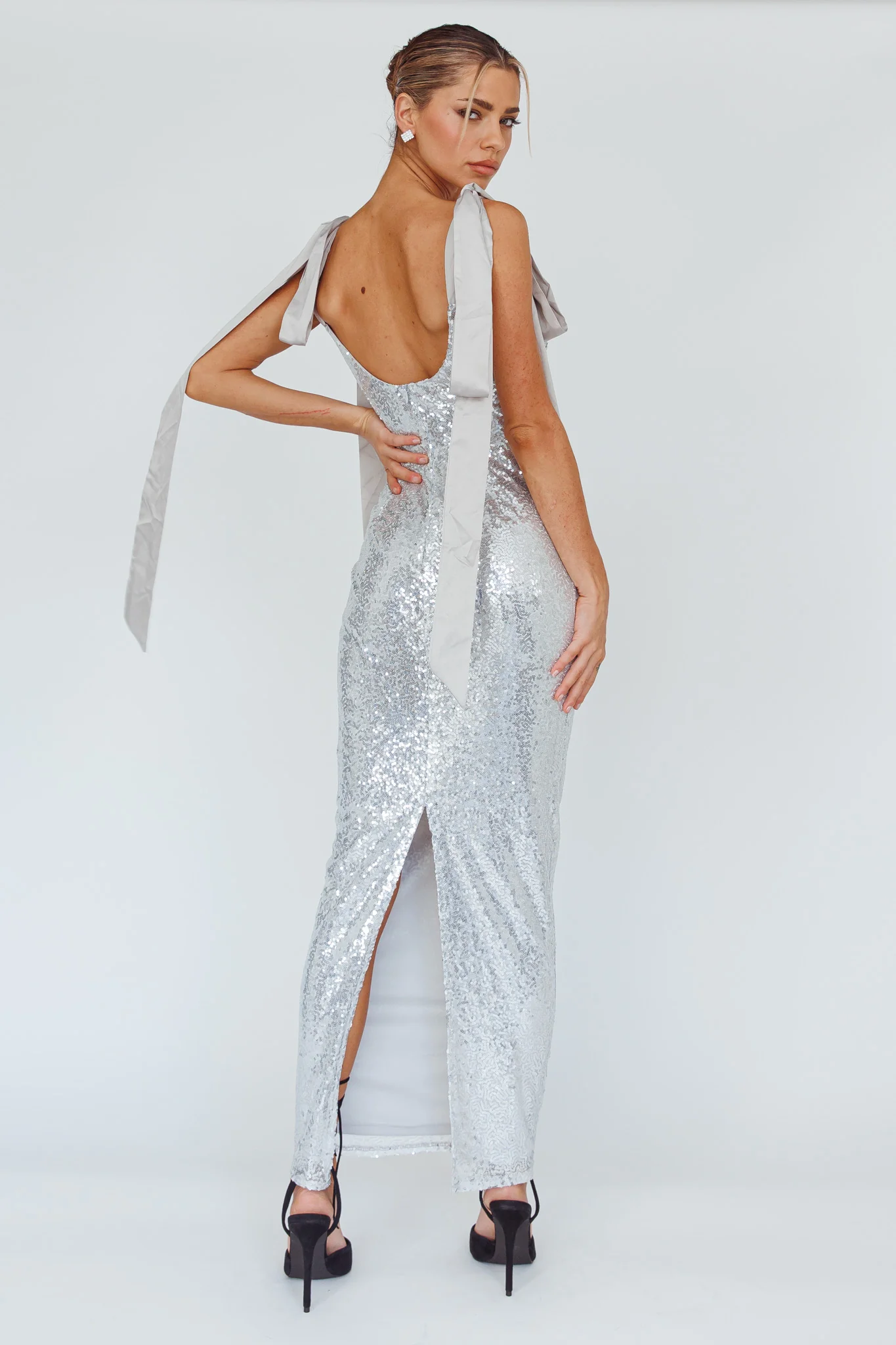 Birthday Wish Tied Shoulder Sequin Maxi Dress Silver - Sonourner