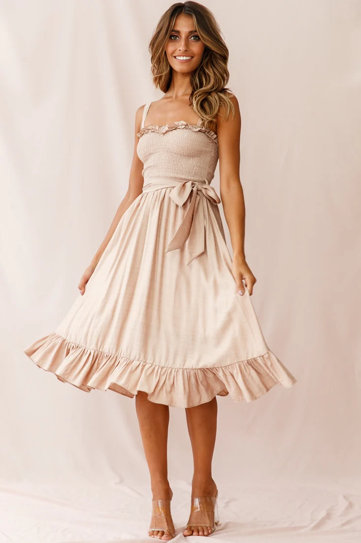 Honey Shirred Frill Midi Dress Mocha - Sonourner