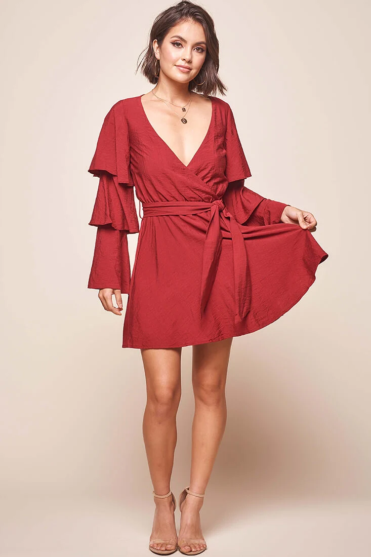 Bellini Tiered Ruffle Sleeve Dress Wine - Sonourner