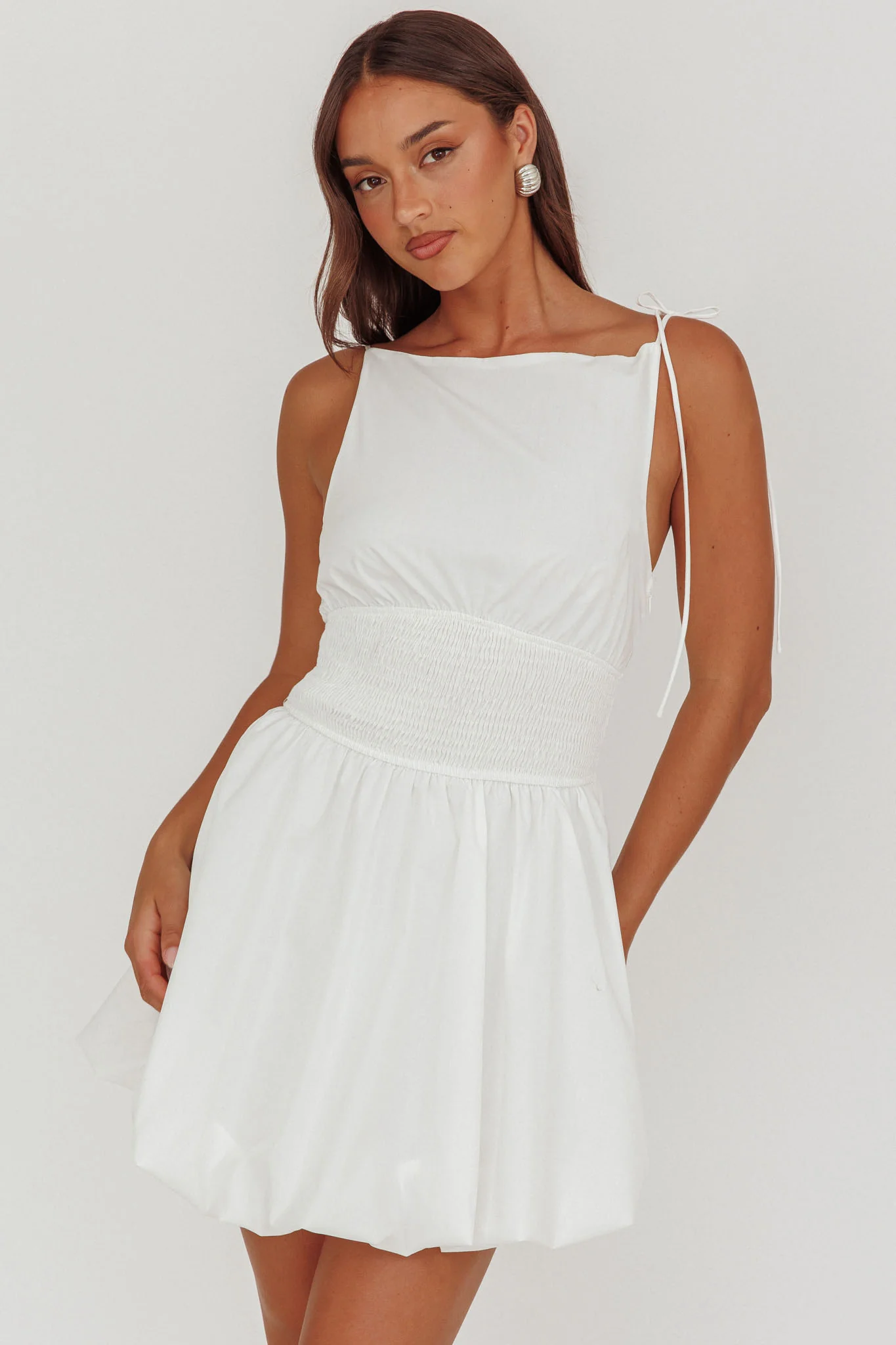 Like Art Tied Shoulder Bubble Mini Dress White - Sonourner