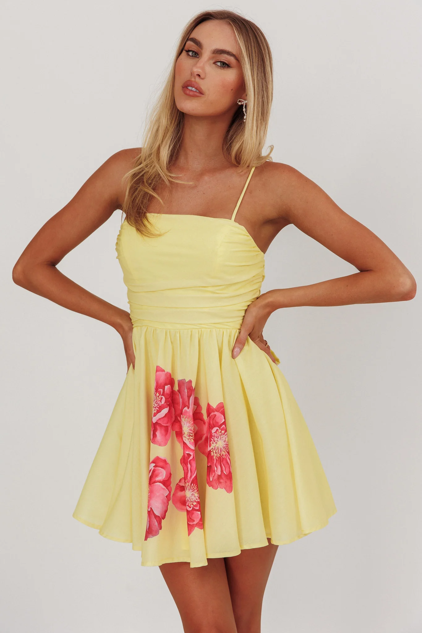 Festivity Flared Bow Floral Mini Dress Yellow - Sonourner