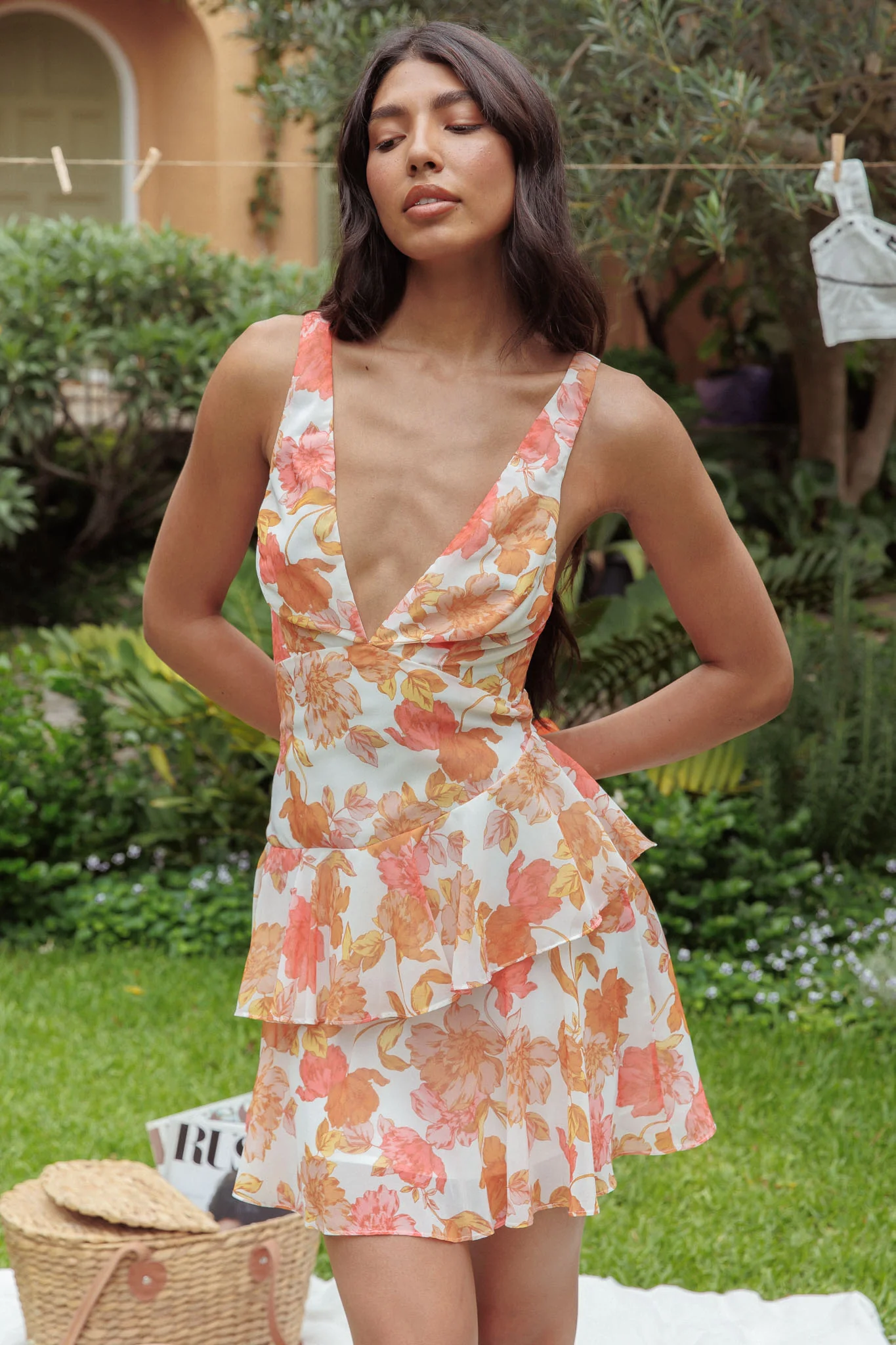 Veda Strappy Back Ruffle Mini Dress Floral Orange - Sonourner