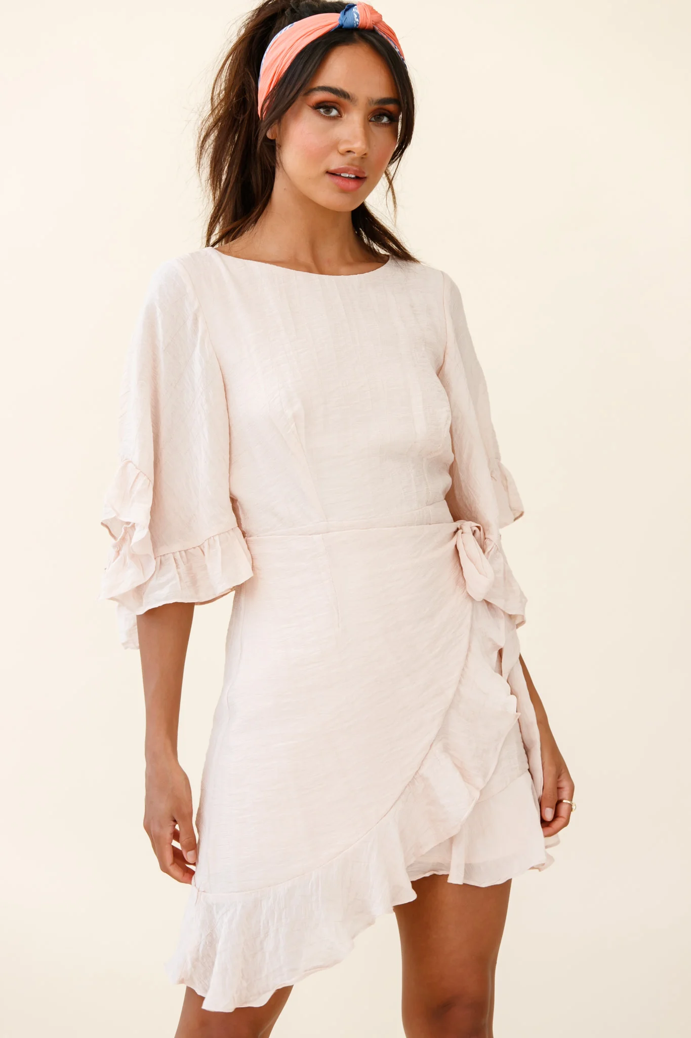 Make It Happen Flared Sleeve Ruffle Trim Dress Beige - Sonourner