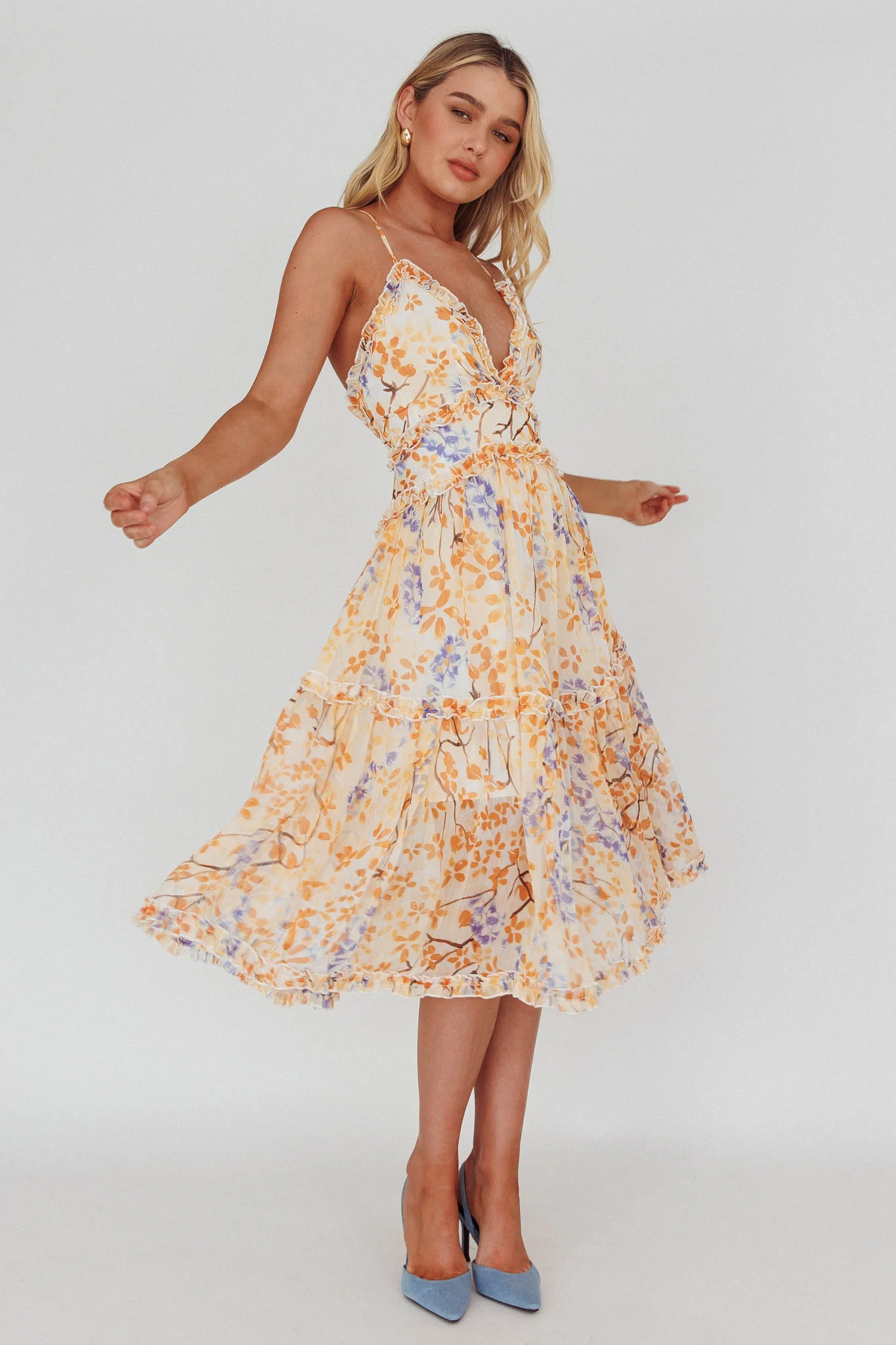Laney Low Back Cami Strap Midi Dress Floral Orange - Sonourner