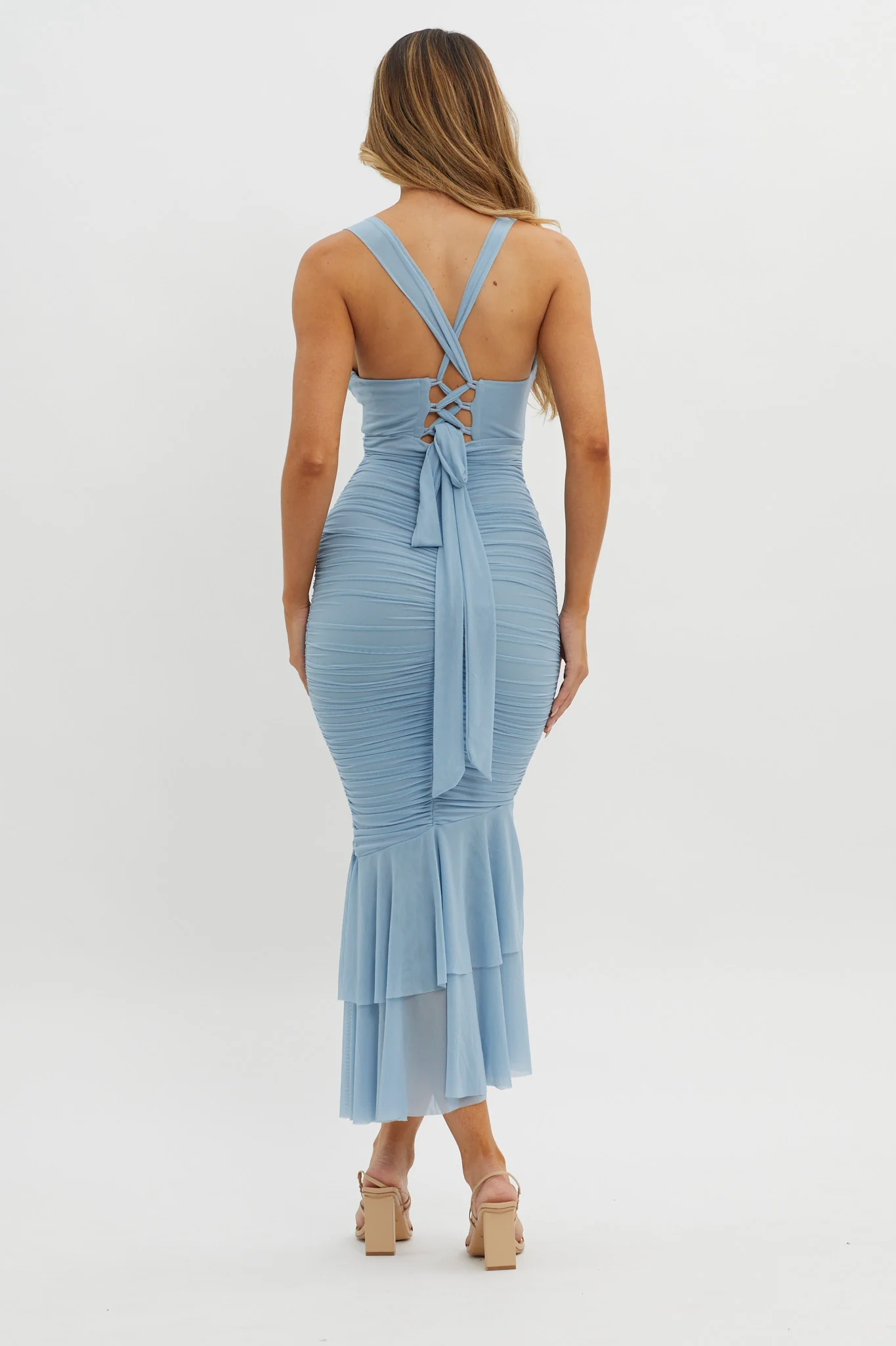 Surreal Lace-Up Back Ruched Midi Dress Blue - Sonourner