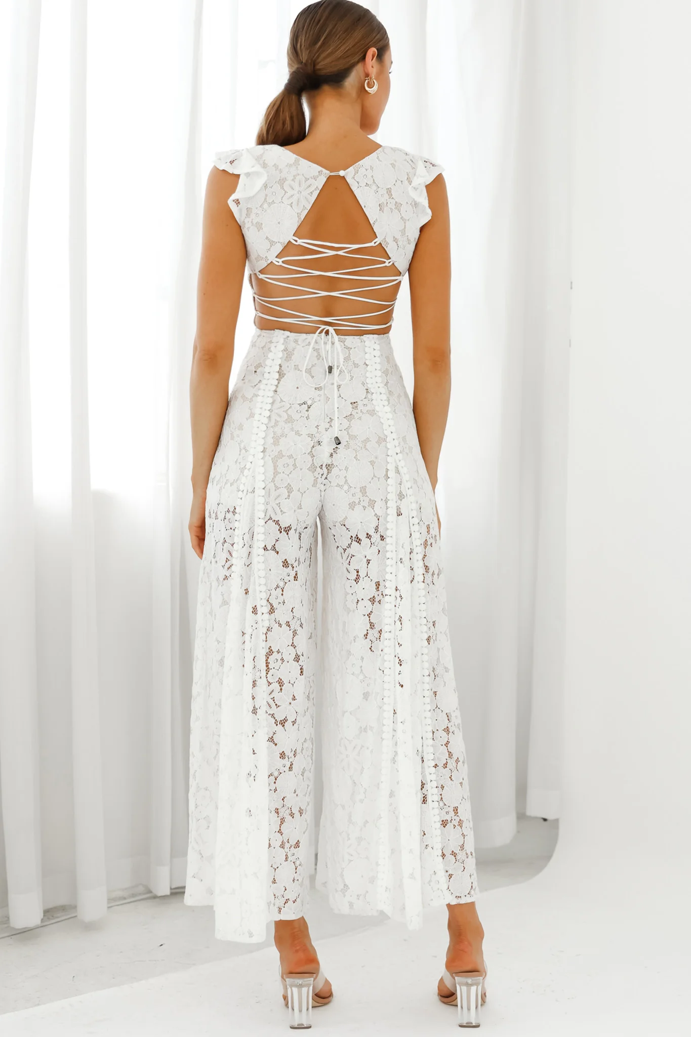 Take Note Laced-Back Frill Shoulder Lace Jumpsuit White - Sonourner