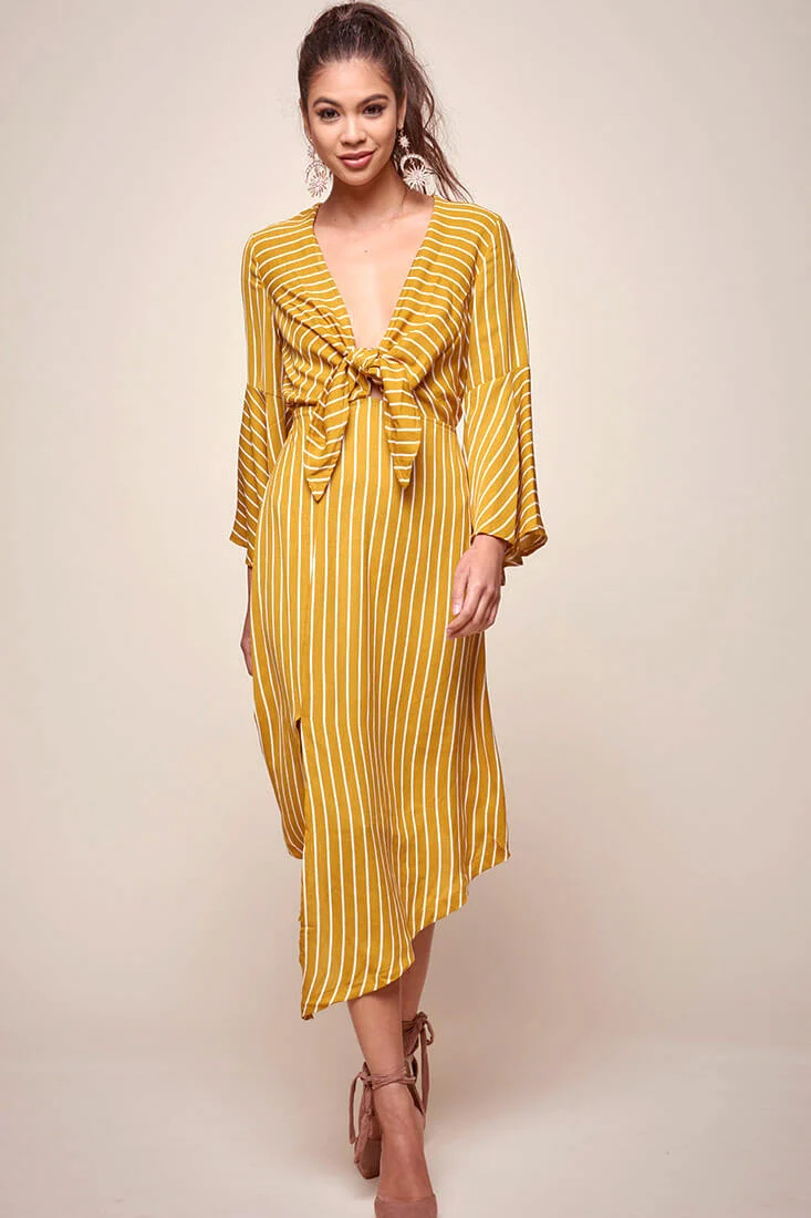 Jaedyn Waist Tie Bell Sleeve Dress Mustard - Sonourner