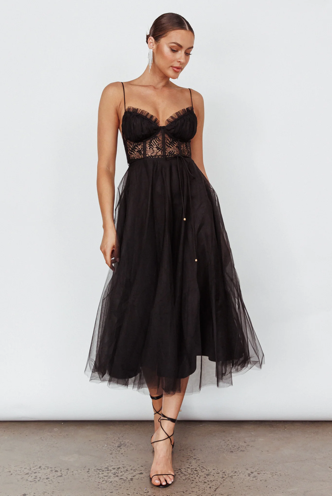 Trophy Lace Bodice Mesh Midi Dress Black - Sonourner