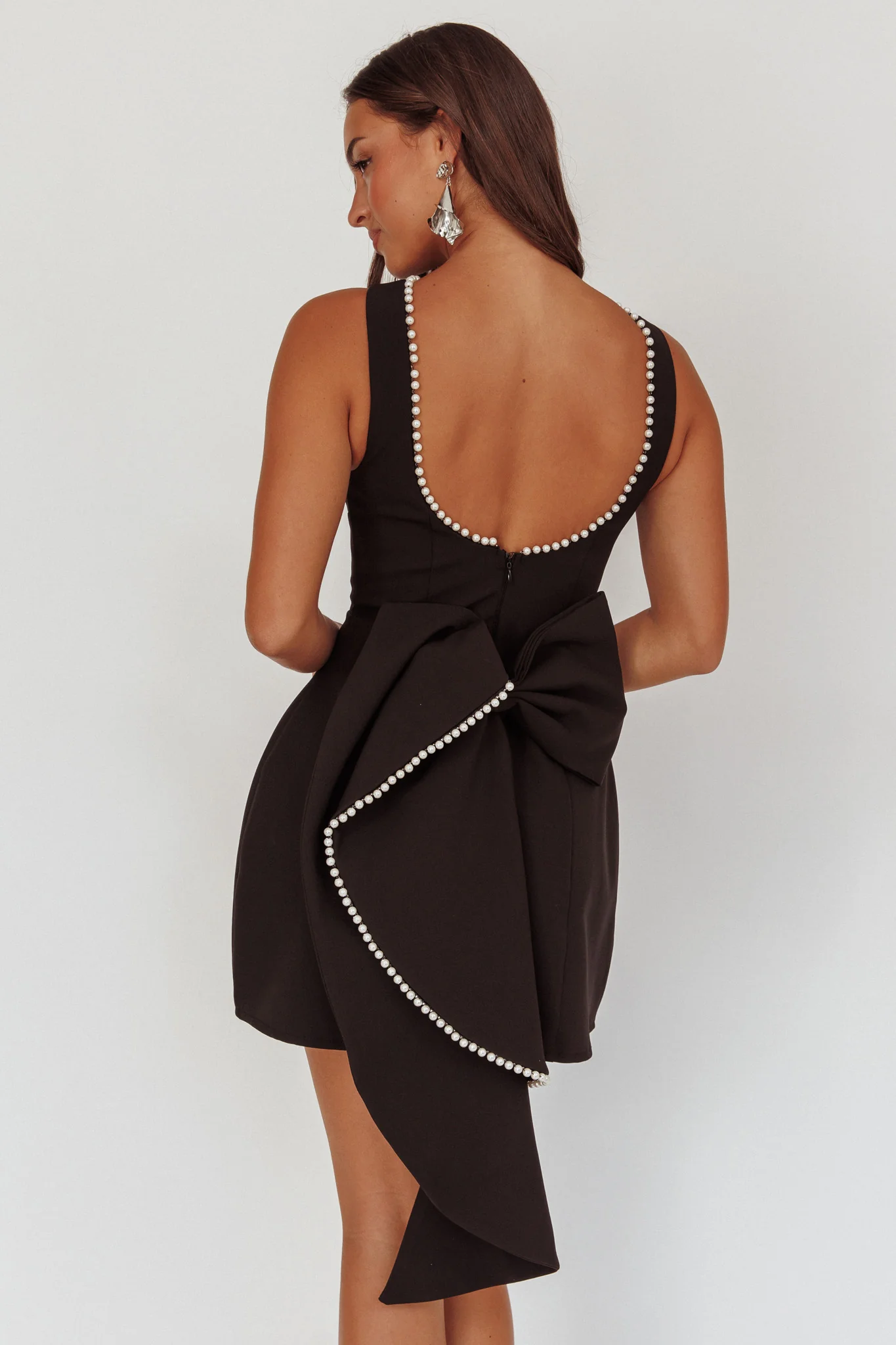 Opulent Pearl Trim Oversized Bow Mini Dress Black - Sonourner