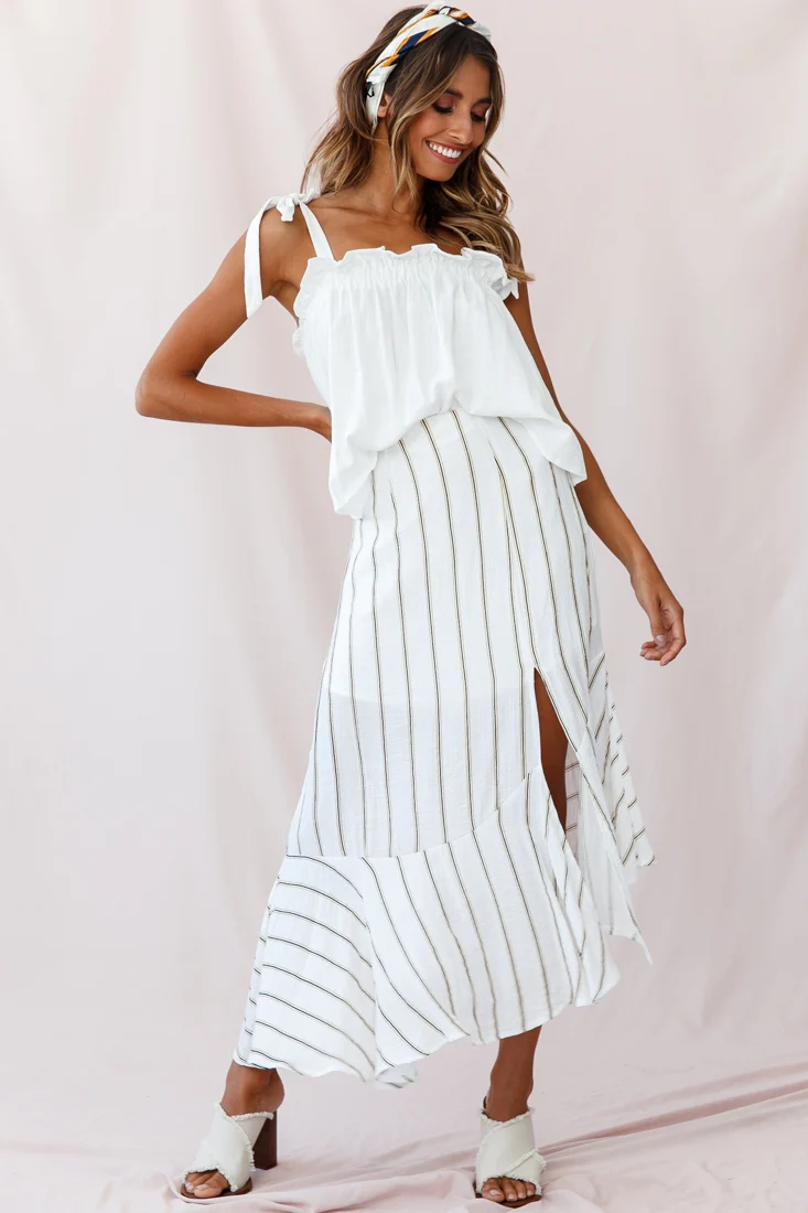 Friday Front Split Maxi Skirt Stripe Print Mustard/Navy - Sonourner