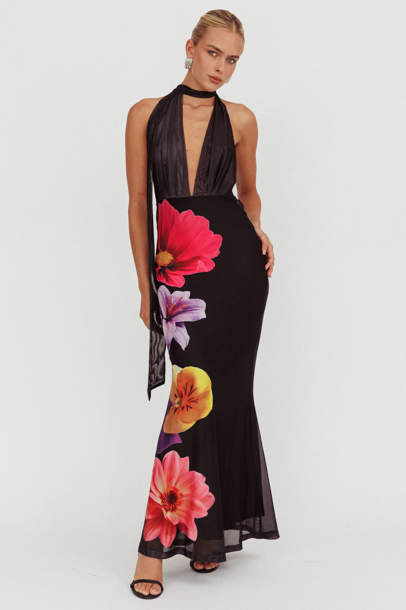 Italia Azure Halterneck Maxi Dress Flowers Black - Sonourner