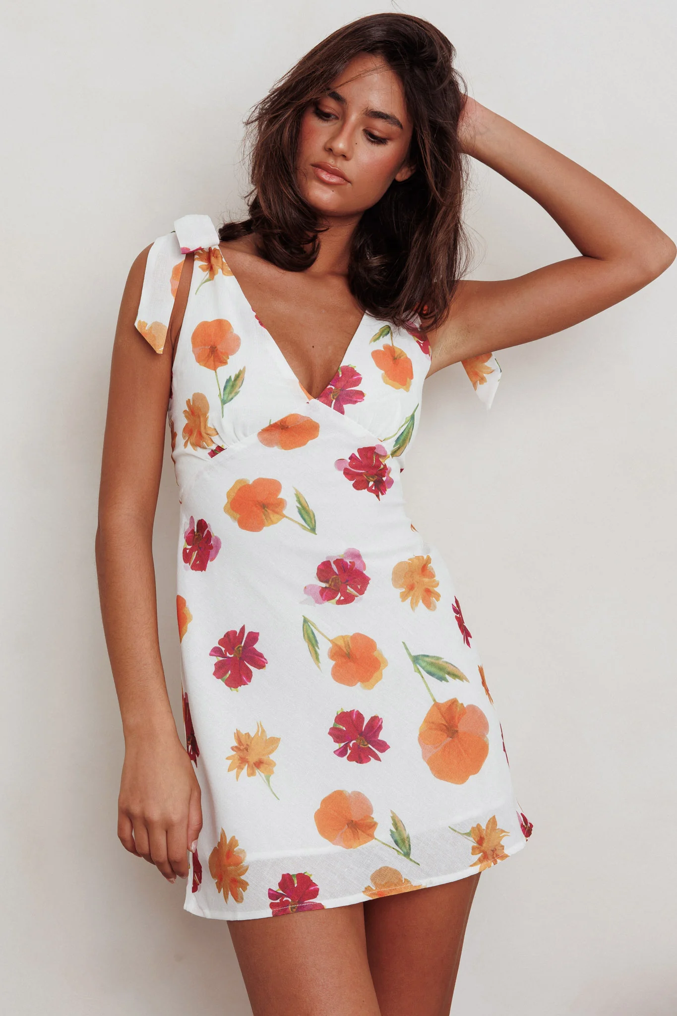 Mykonos Morning Tied Shoulder Mini Dress Flower Orange - Sonourner