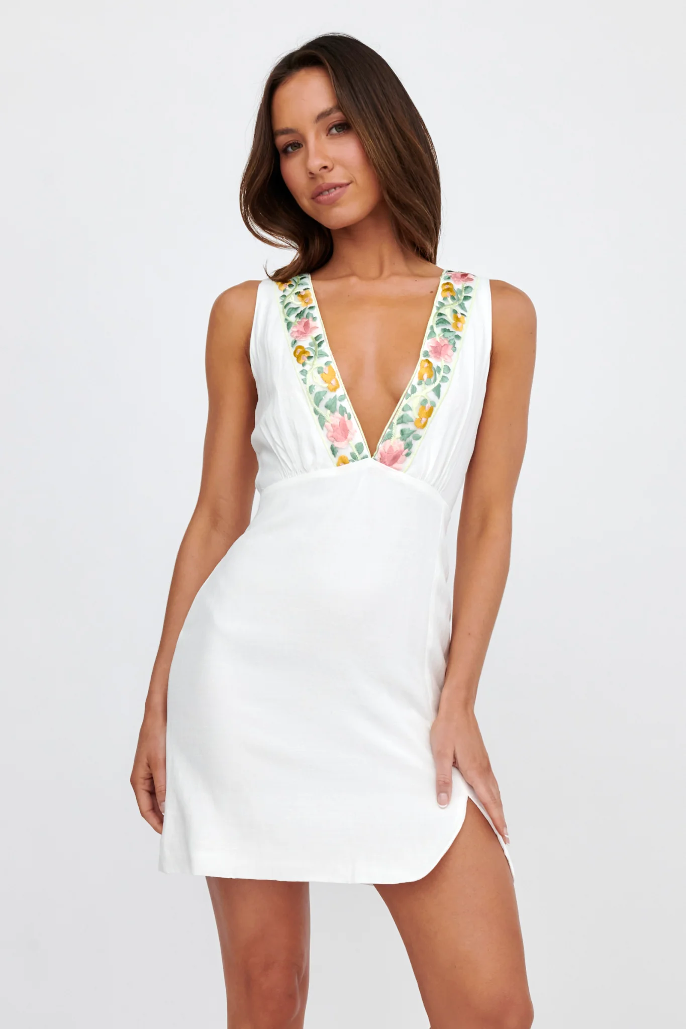 Cozumel V-Neck Embroidered Mini Dress White - Sonourner