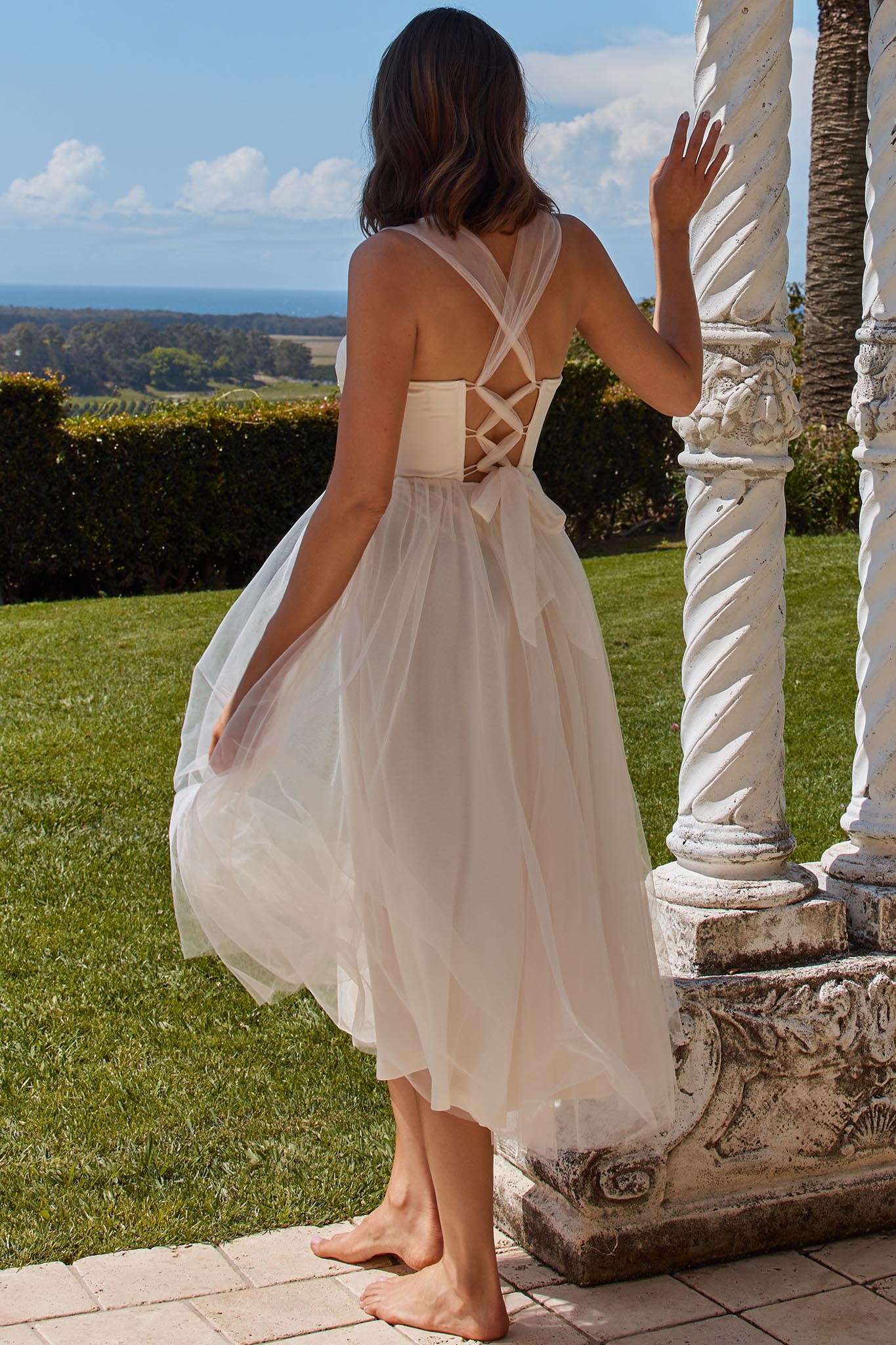 Surreal Lace-Up Back Tulle Midi Dress Butter - Sonourner