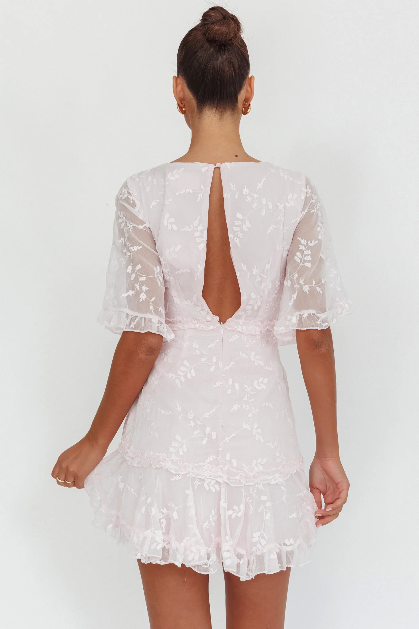 Leona Half Sleeve Frill Trim Dress Embroidered Blush - Sonourner