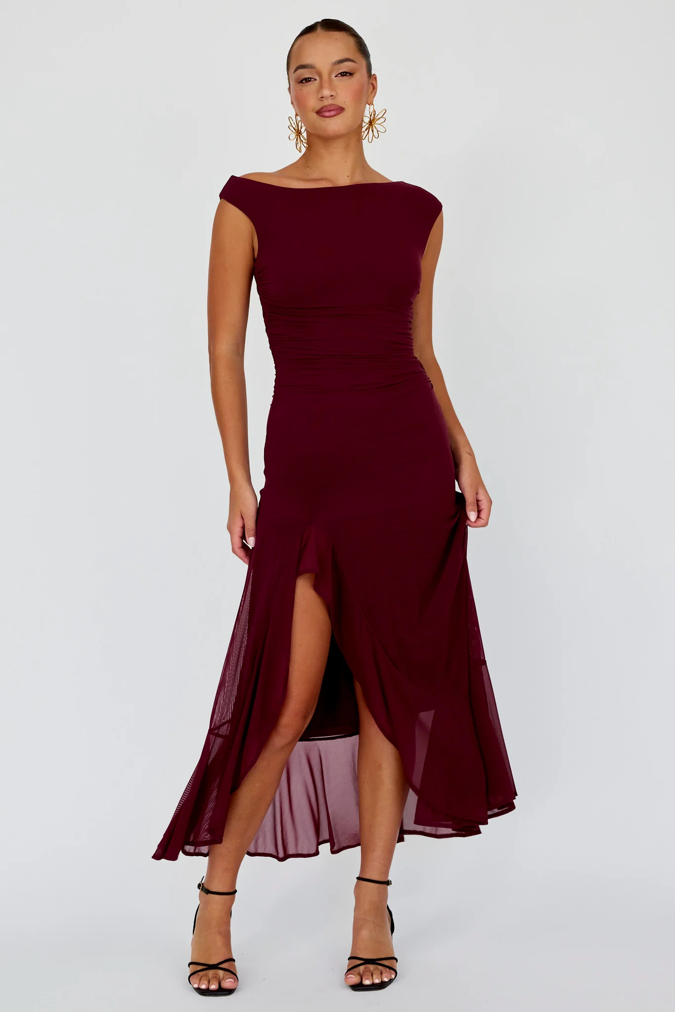 Moonlit Magic Asymmetric Neckline Maxi Dress Wine - Sonourner