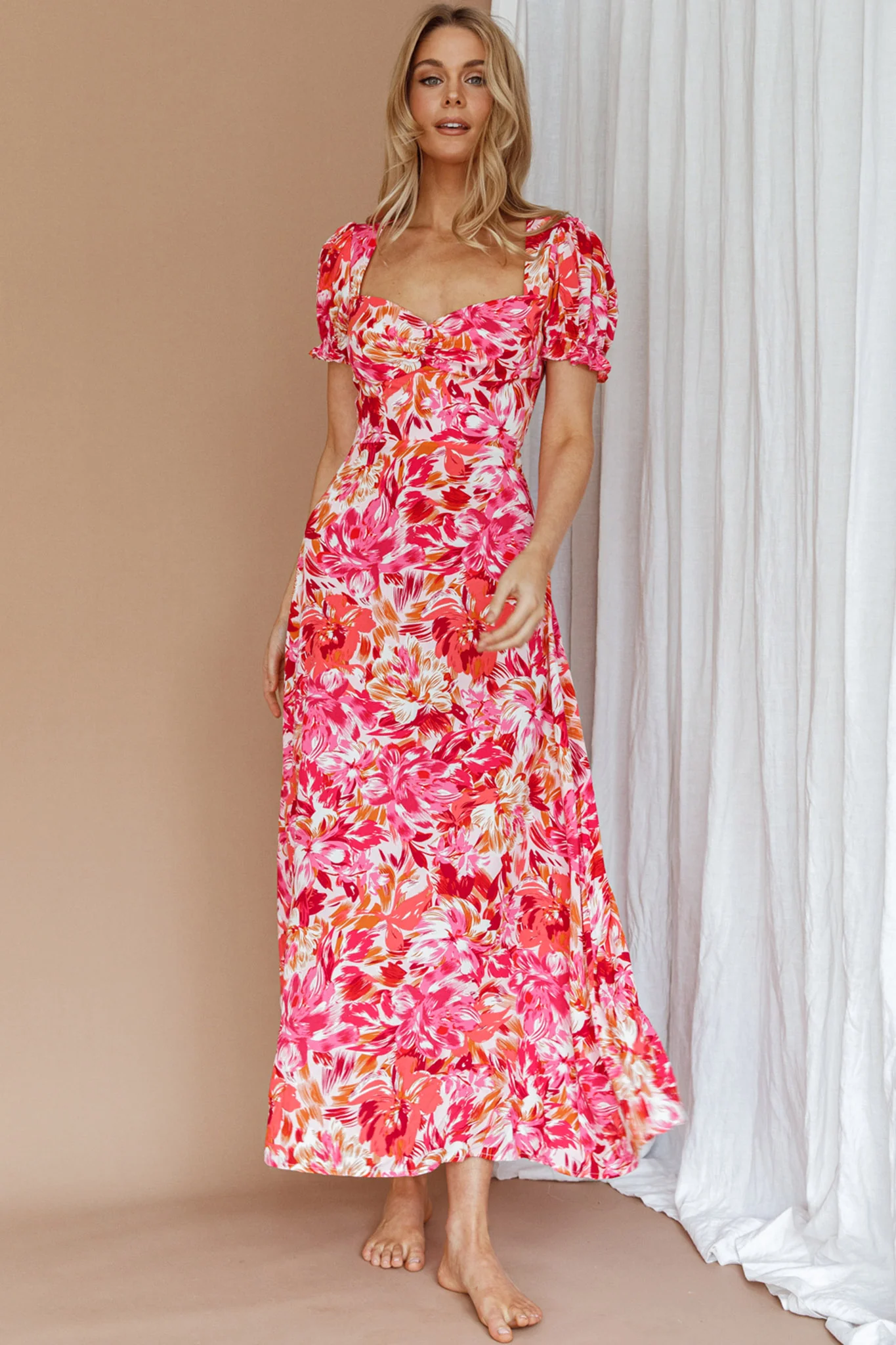 Montebello Puff Sleeve Maxi Dress Floral Pink/Orange - Sonourner