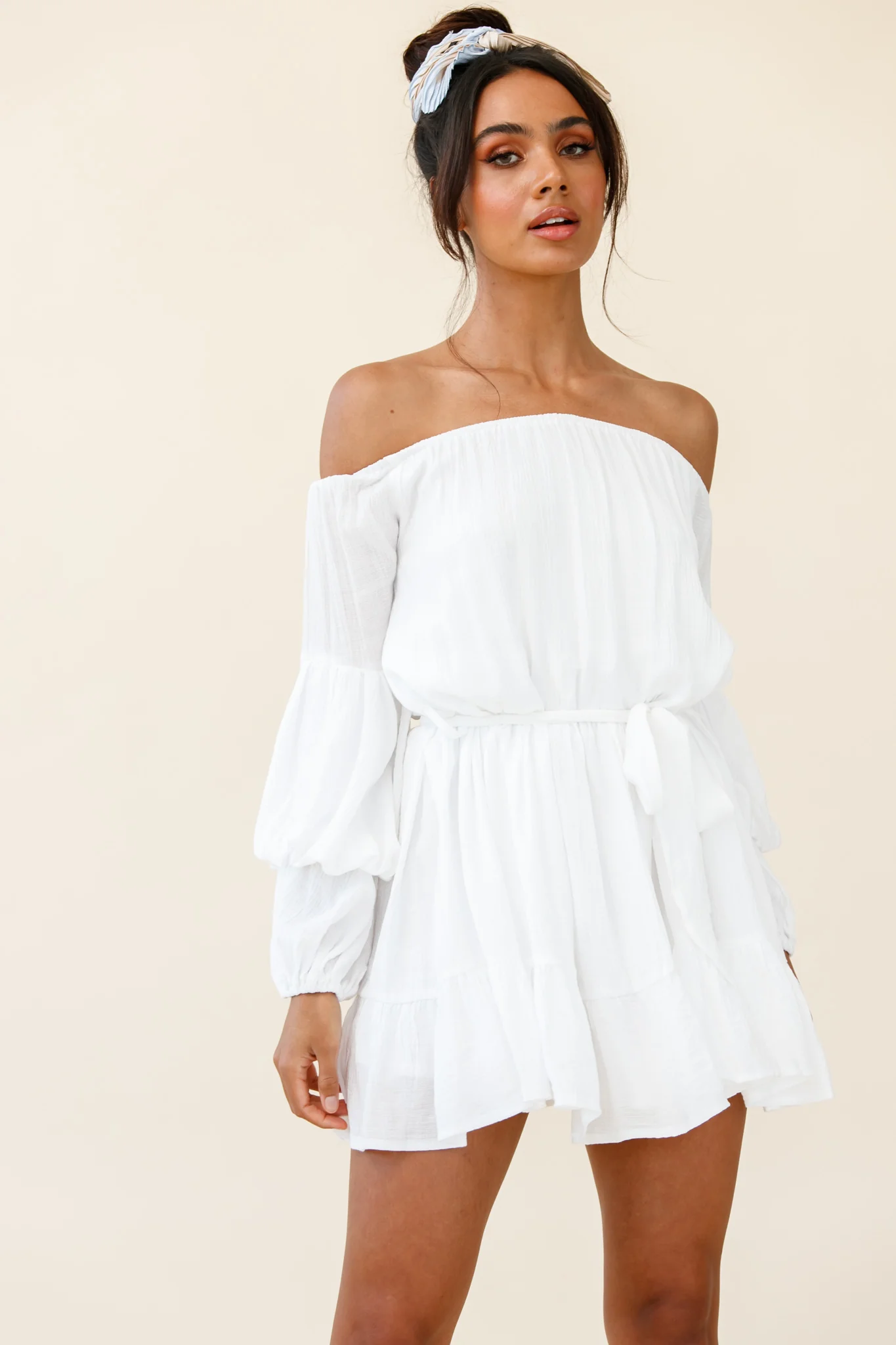 Frida Off-Shoulder Waist Tie Dress White - Sonourner