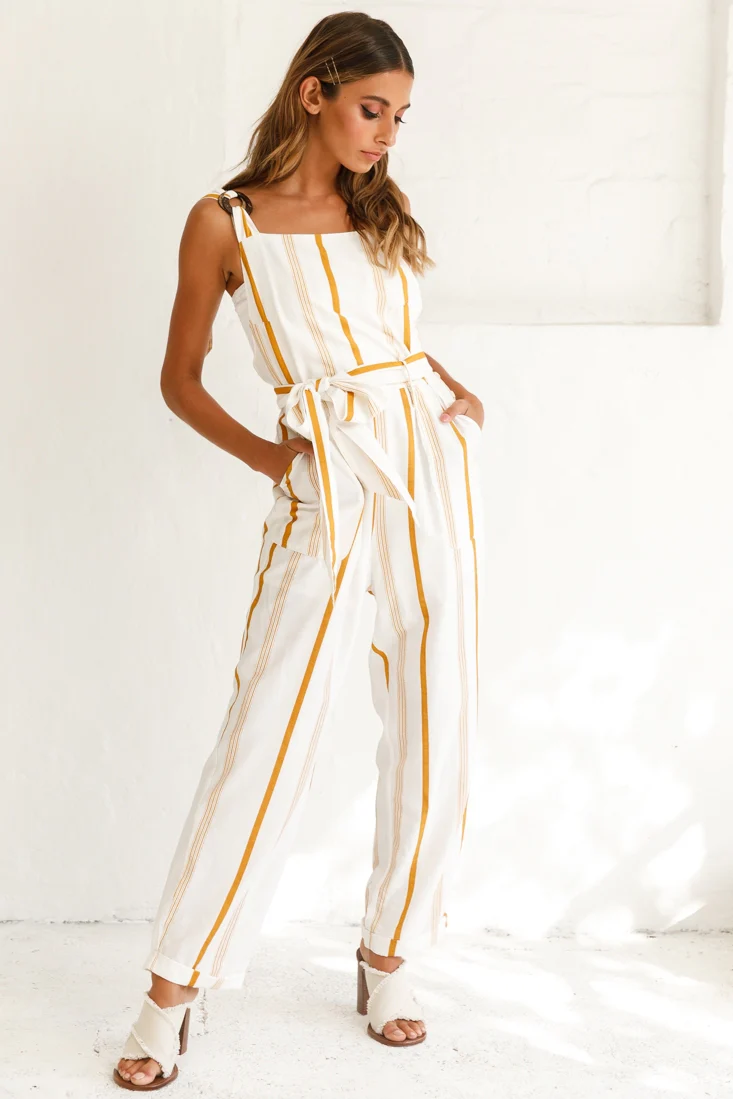 Fresno Straight Leg Pinafore Jumpsuit Stripe Print Mustard - Sonourner