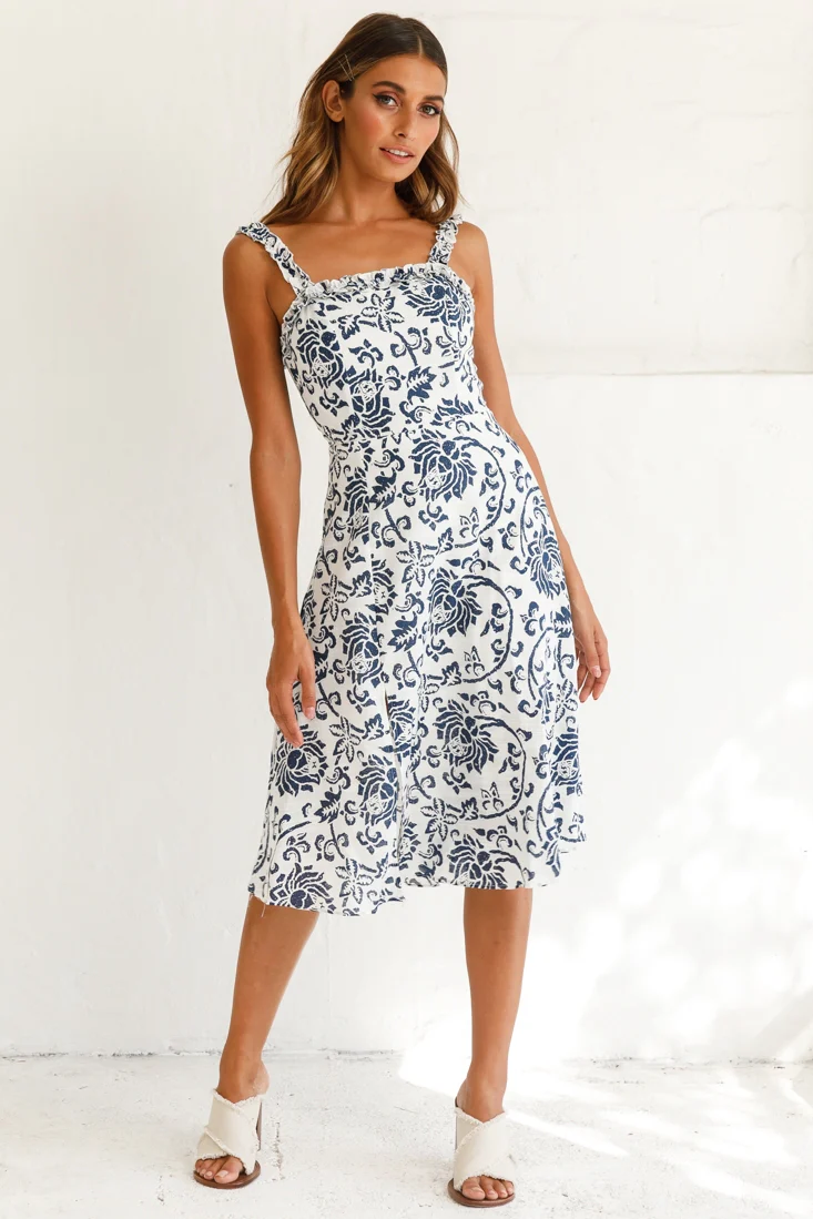 Magdalene Frill Strap A-Line Midi Dress Floral Print White - Sonourner