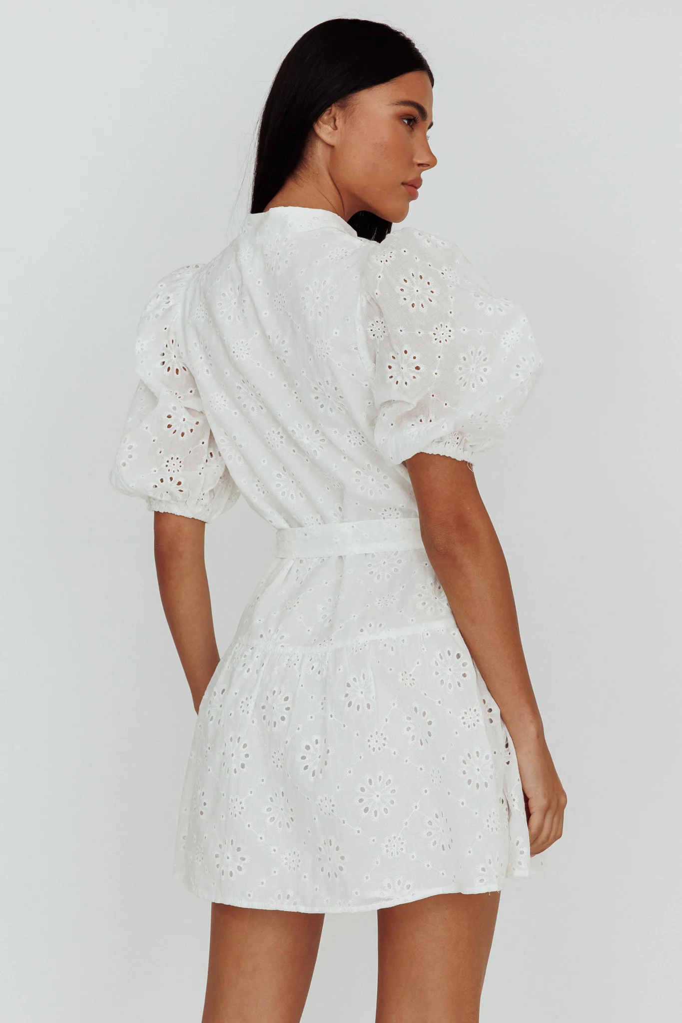 Serita Belted Puff Sleeve Eyelet Mini Dress White - Sonourner