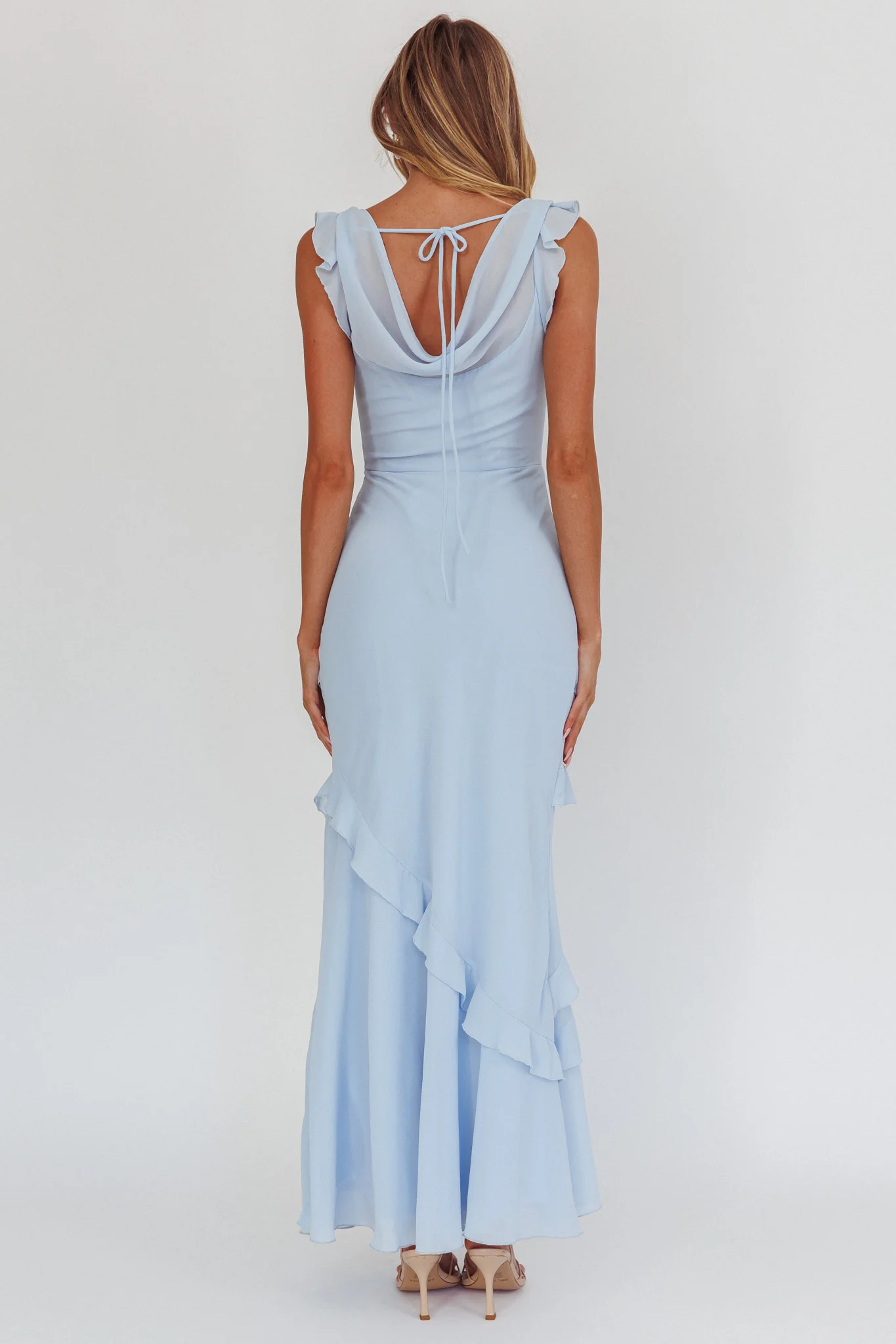 Sangria Cowl Neck Frill Maxi Dress Blue - Sonourner