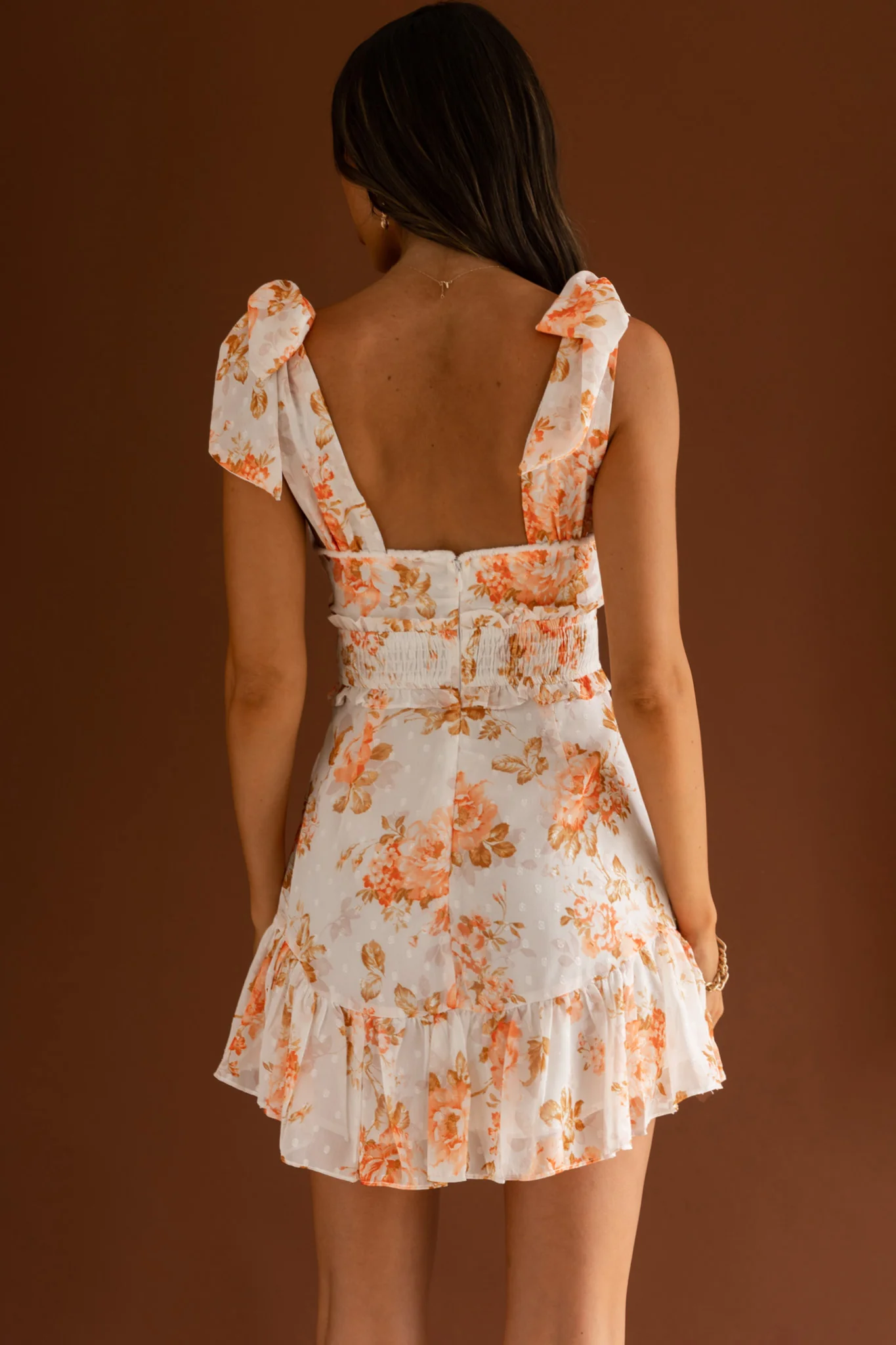 Break Of Dawn Bow Shoulder Shirred Waist Dress Floral White - Sonourner