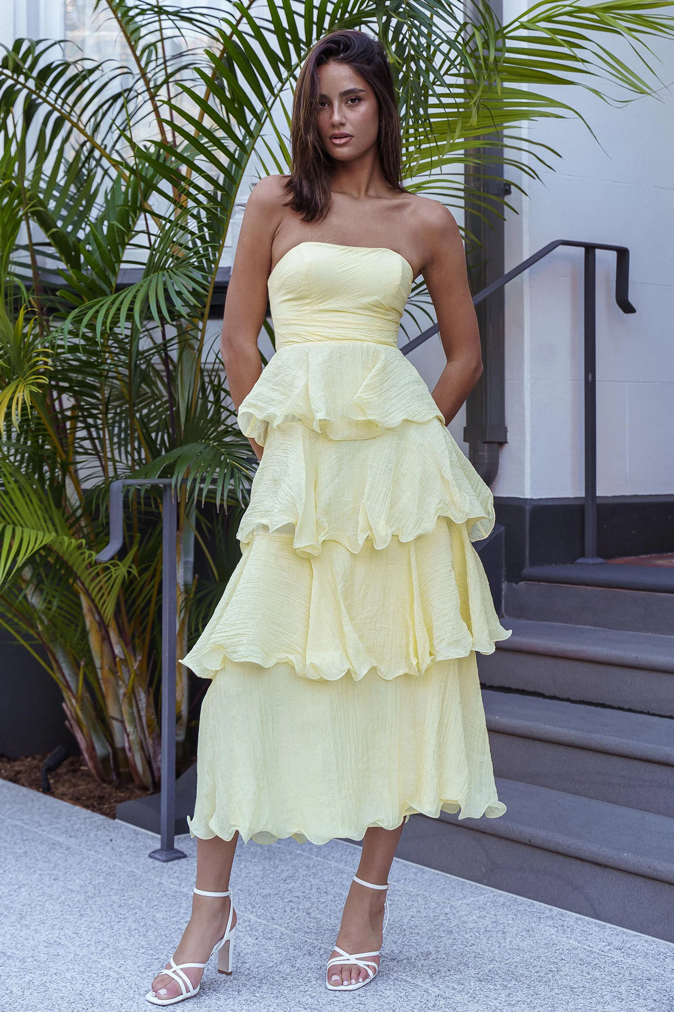 Giavana Strapless Layered Ruffles Midi Dress Lemon - Sonourner