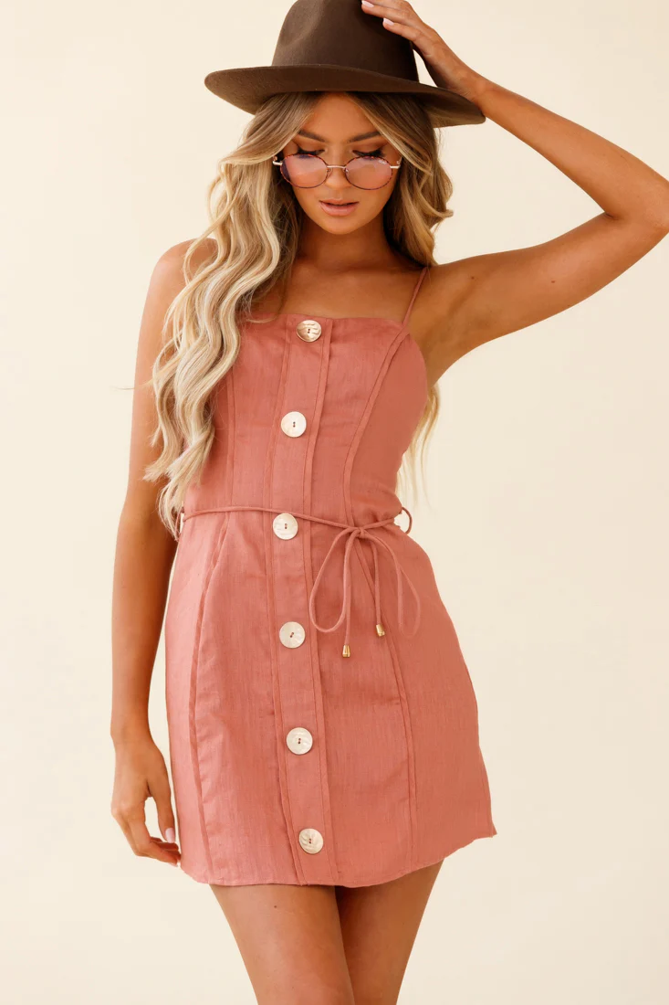 Sacramento Faux Placket Button Detail Dress Rose - Sonourner