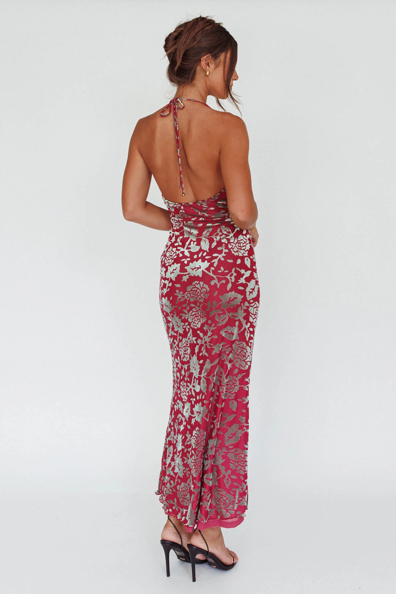 Byzantine Cowl Halterneck Midi Dress Floral Wine - Sonourner