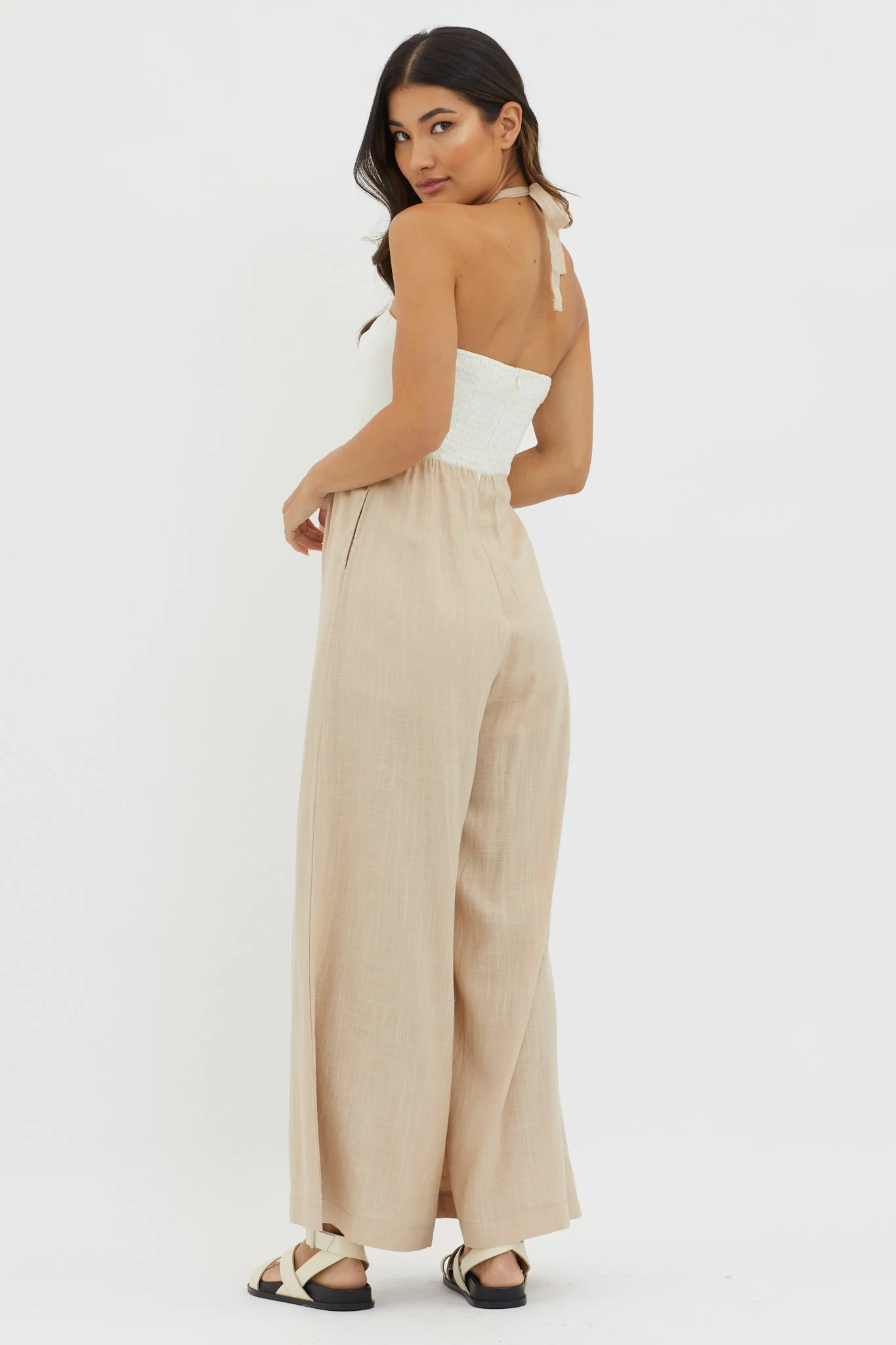Maryn Wide Leg Halterneck Jumpsuit Beige - Sonourner