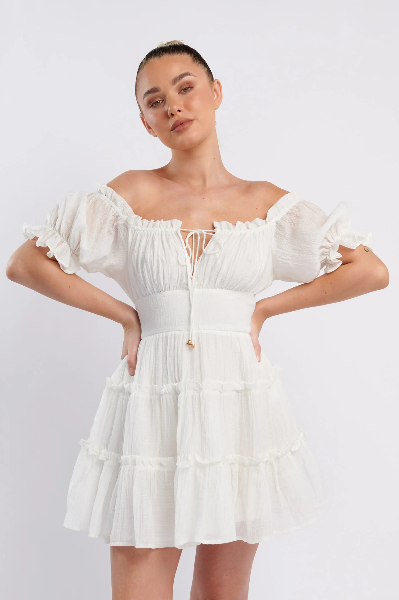 Everley Puff Sleeve Mini Dress White - Sonourner