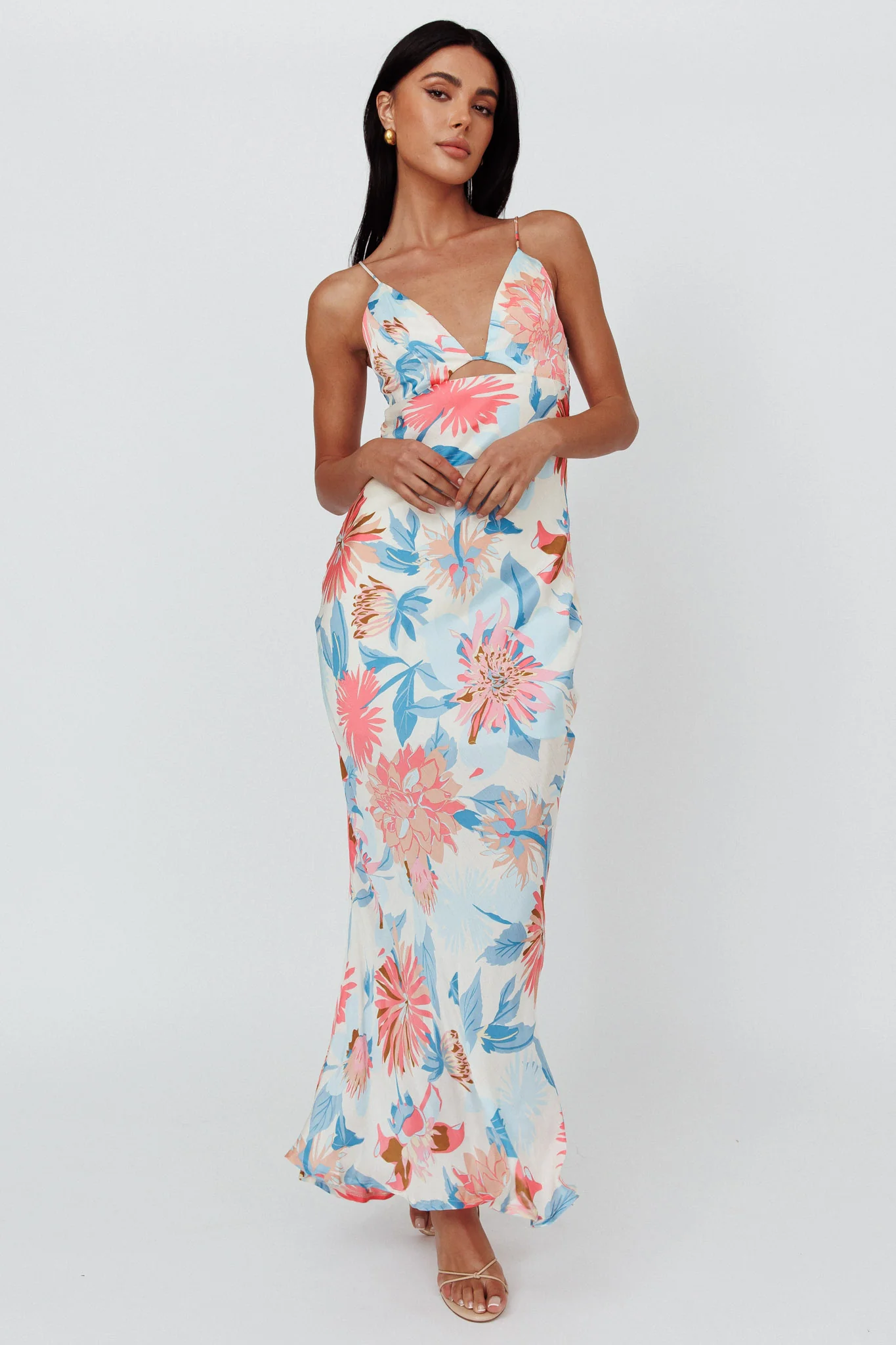 Dance Again Cut-Out Back Maxi Dress Floral Blue - Sonourner