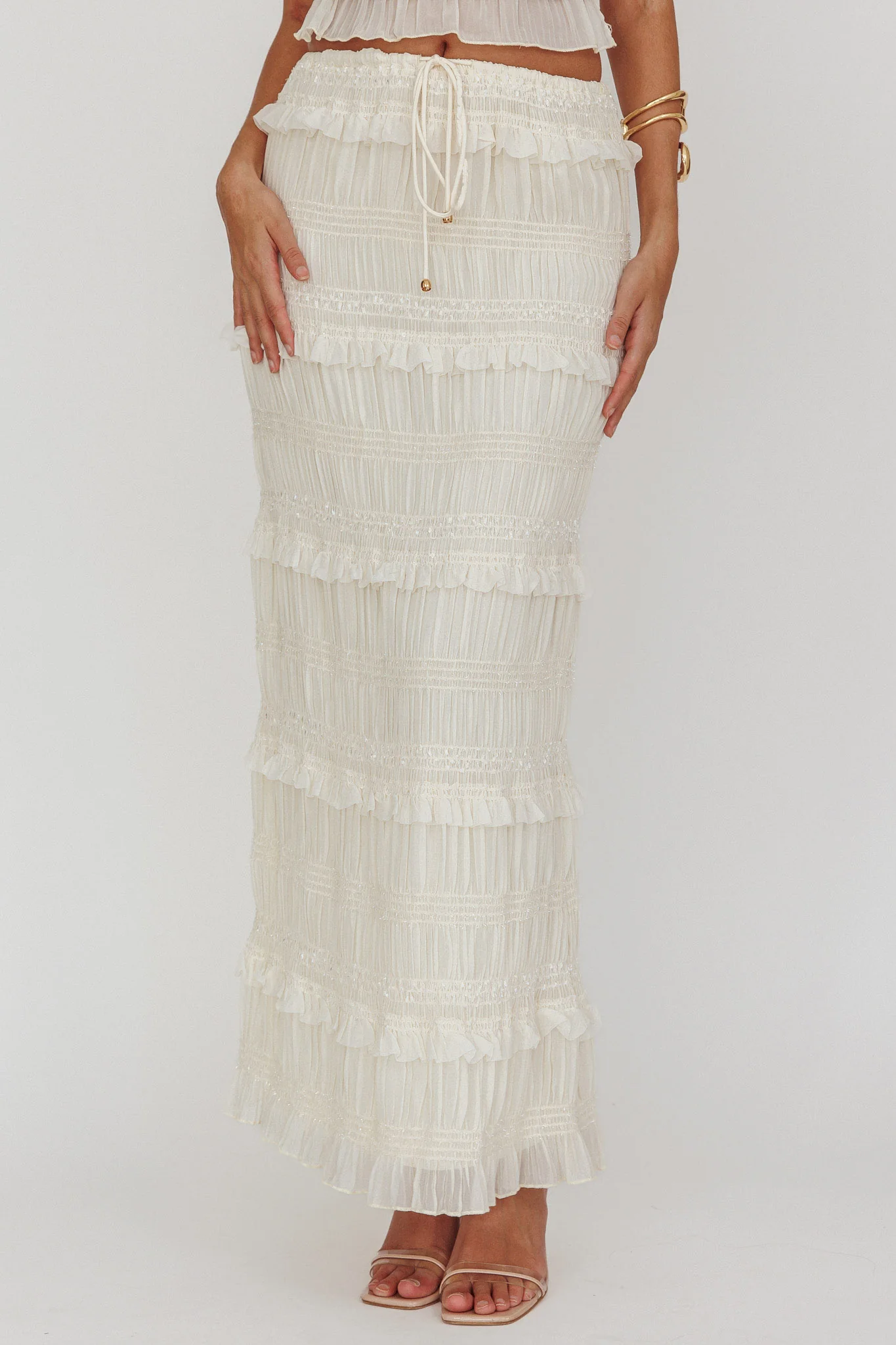 Helios Shirred Sequin Maxi Skirt Beige - Sonourner