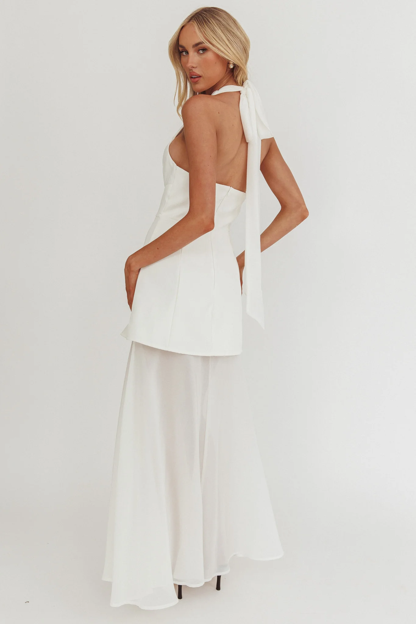 Opulent Halterneck Layered Maxi Dress White - Sonourner