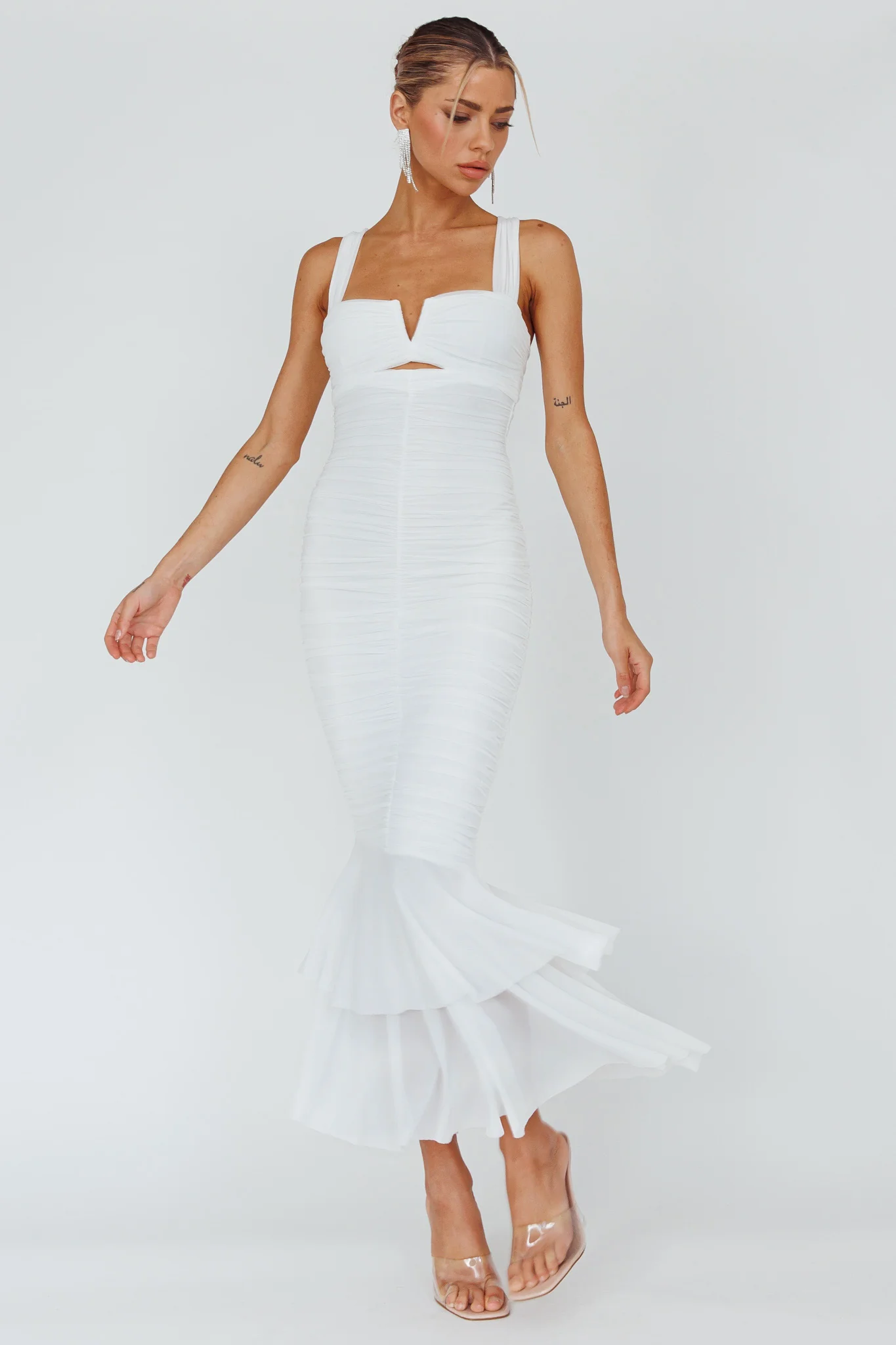 Nadia Ruched Fishtail Maxi Dress White - Sonourner