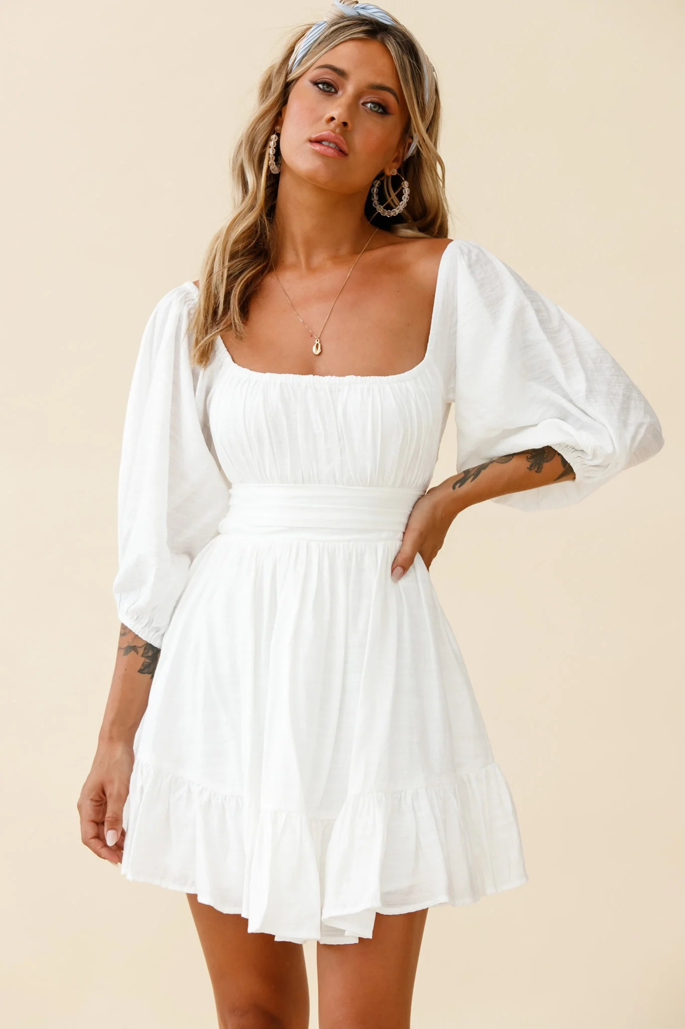 Abby Off-Shoulder Tie-Up Back Dress White - Sonourner