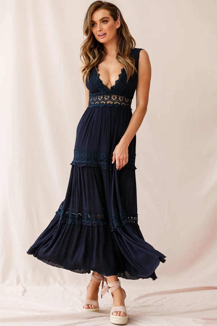 Indio Crochet Insert Deep V-Neckline Maxi Dress Navy - Sonourner