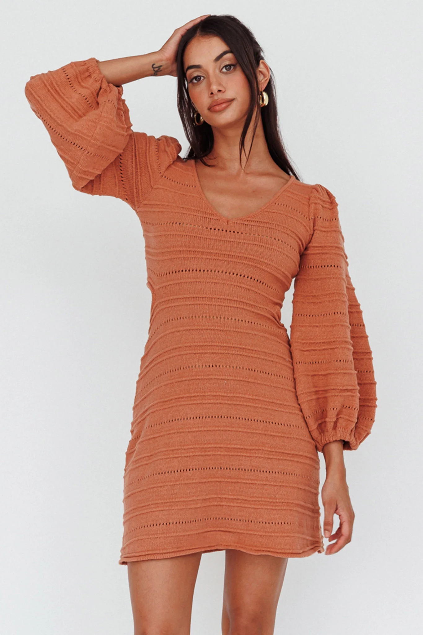 Meredith Long Sleeve Cut-Out Mini Dress Cinnamon - Sonourner