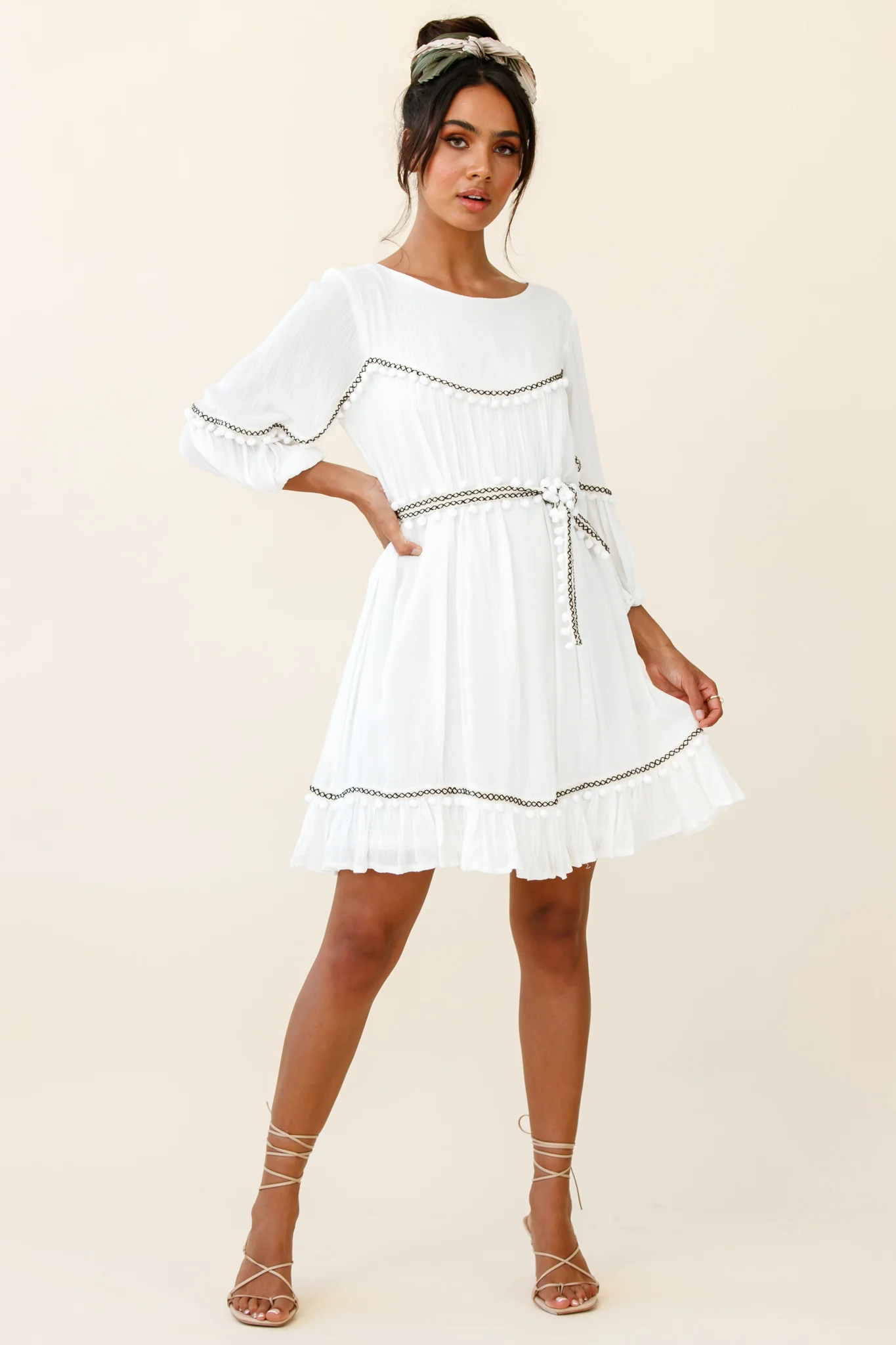 Marionette Three-Quarter Sleeve Pom-Pom Dress White - Sonourner