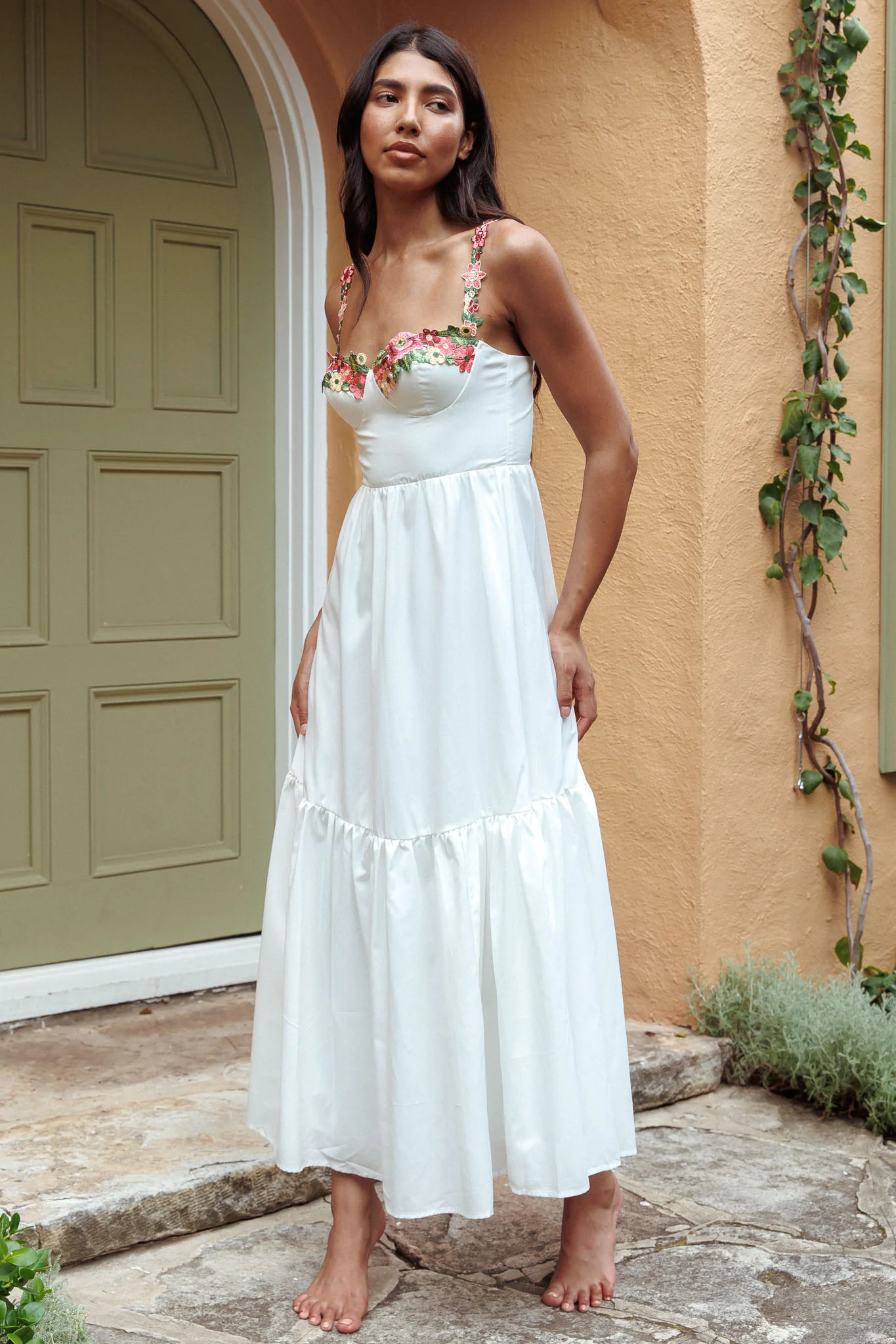 Rose Garden Floral Applique A-Line Midi Dress White - Sonourner