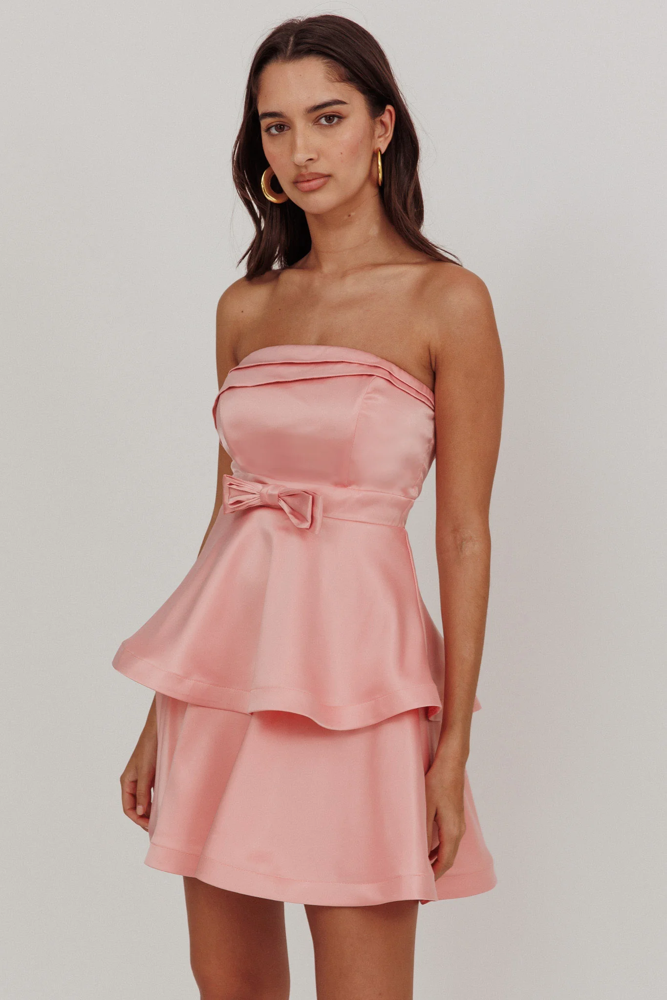 Alix Strapless Tiered Ruffle Mini Dress Rose Pink - Sonourner