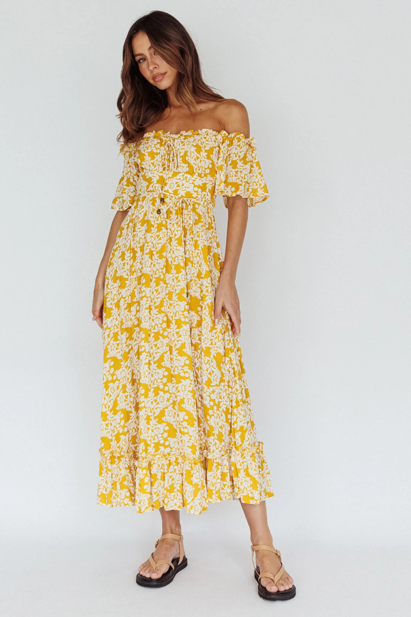 Voyager Off-Shoulder Bell Sleeve Midi Dress Floral Yellow - Sonourner