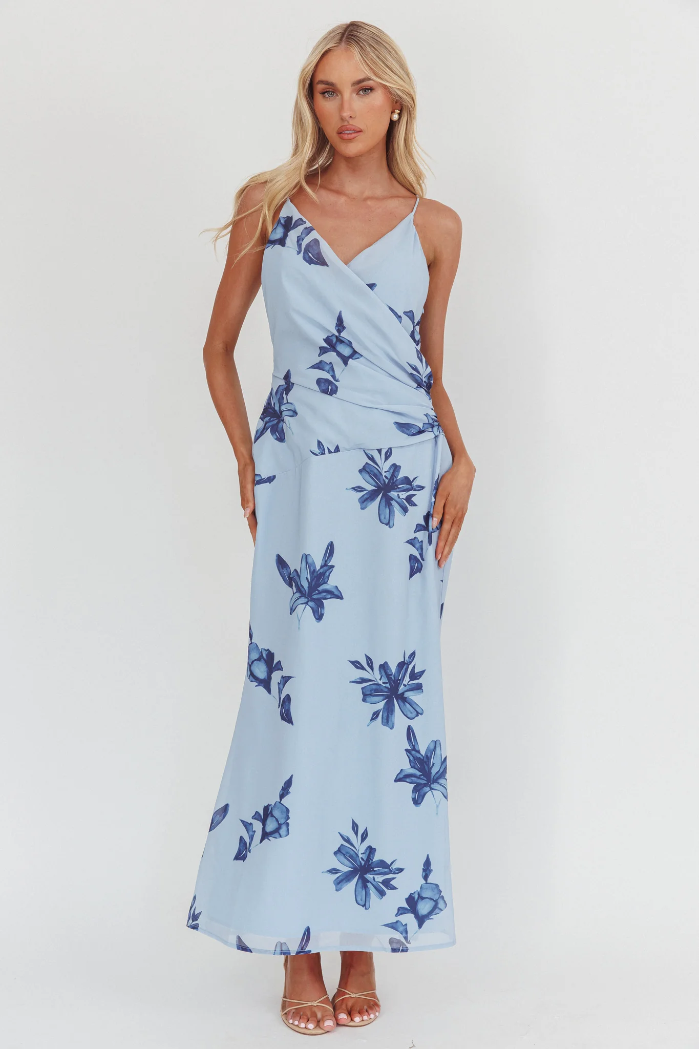 Lexxi Crossover Gathered Waist Maxi Dress Floral Blue - Sonourner