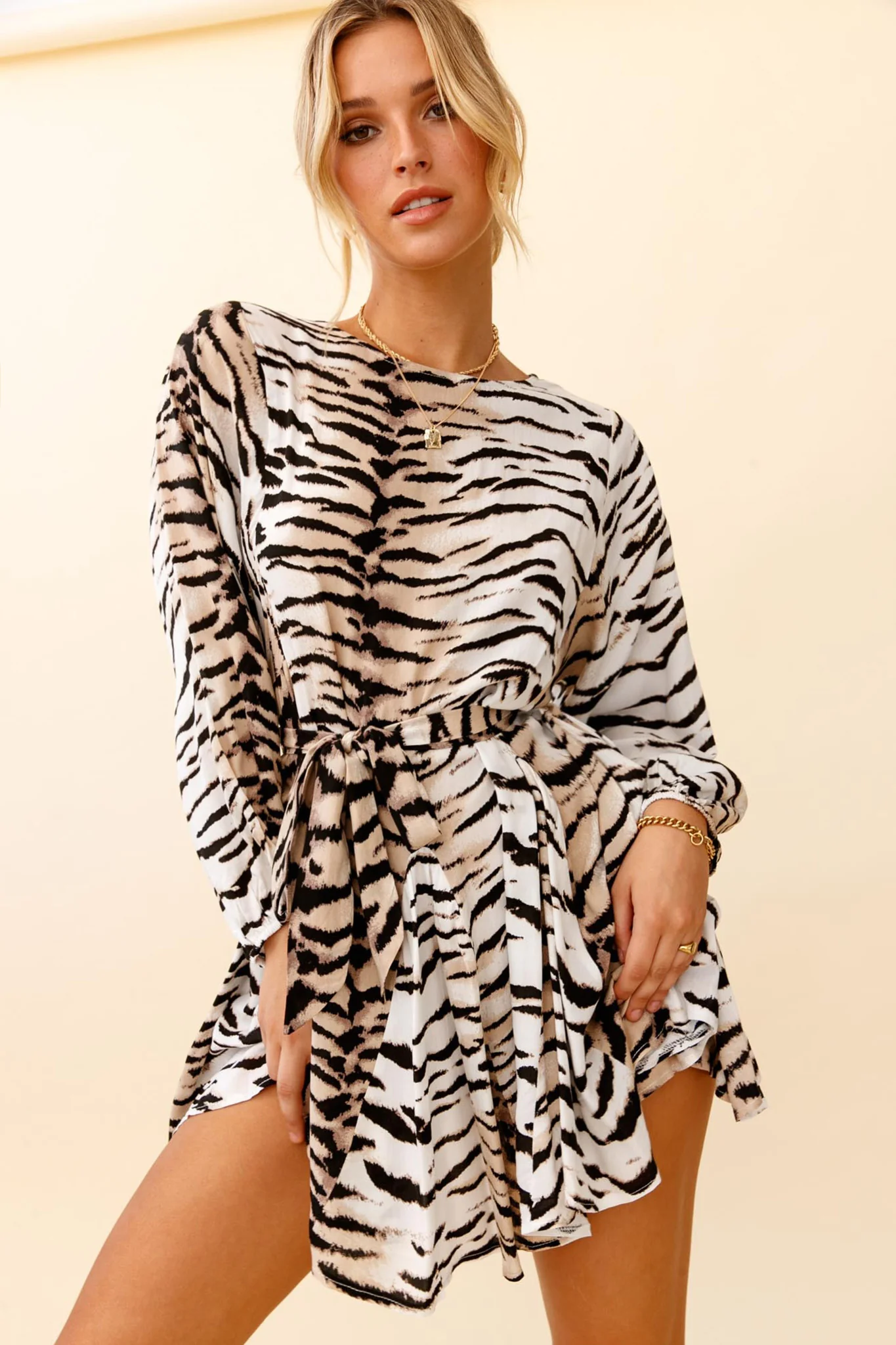 Drift Away Long Sleeve Godet Detail Dress Tiger Print - Sonourner