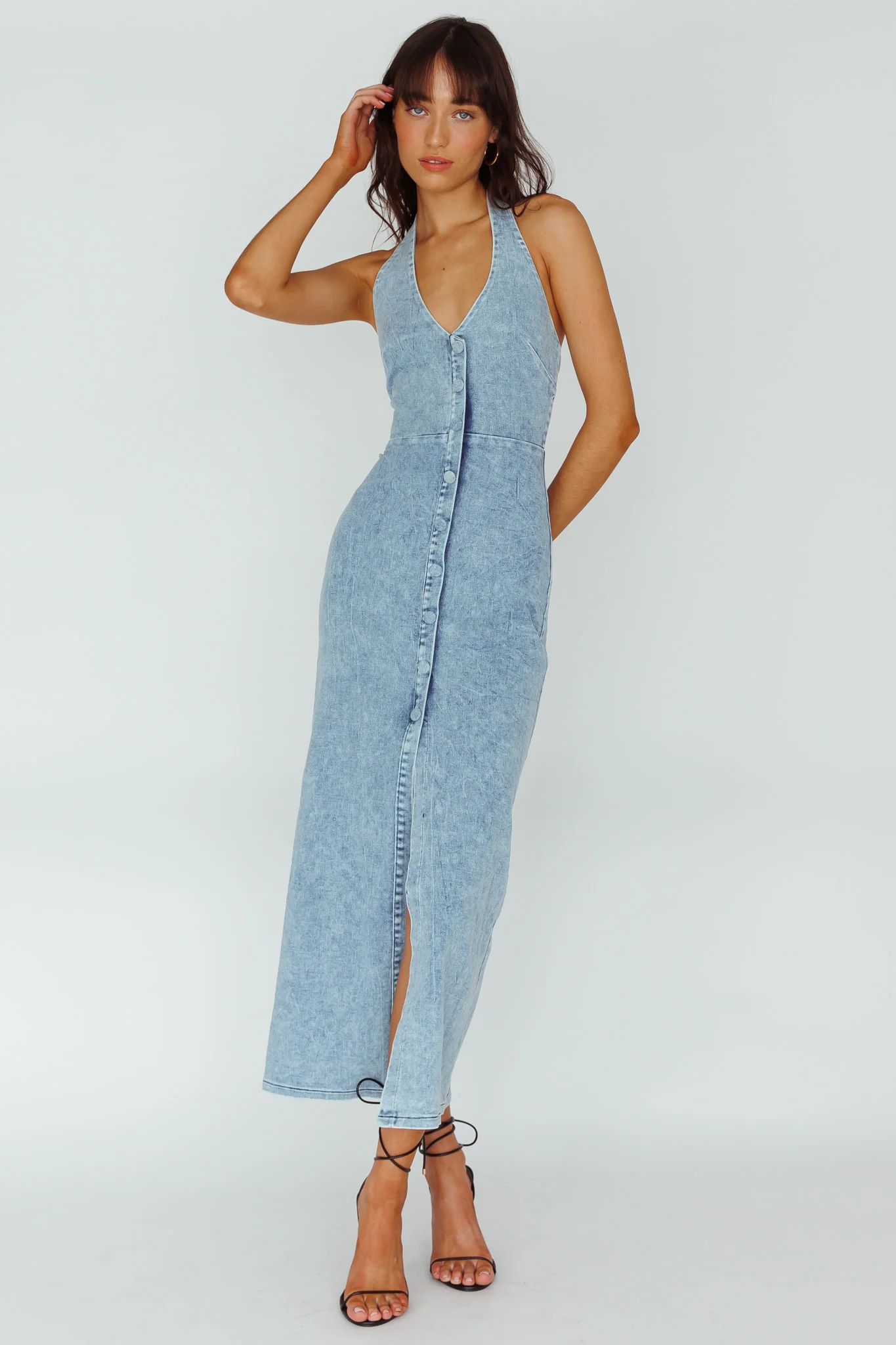 Renita Halterneck Button Maxi Dress Denim Blue - Sonourner