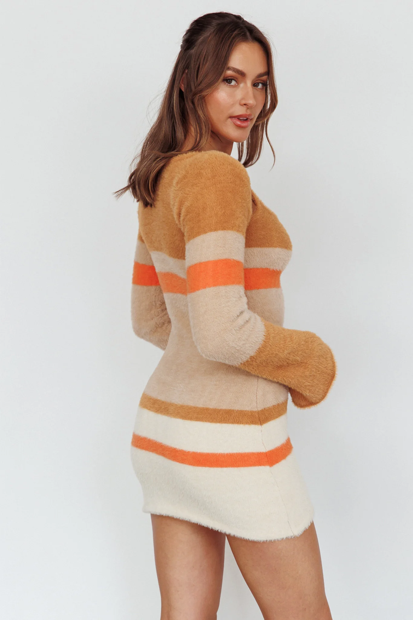 Count On It Fuzzy Knit Mini Dress Brown Multi - Sonourner