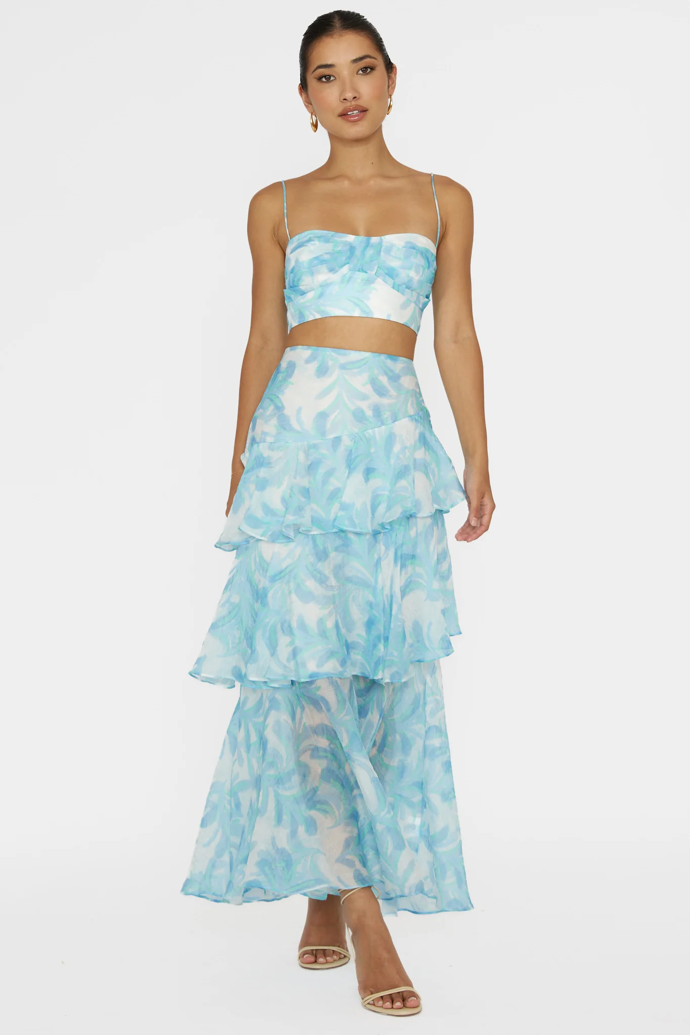 Veda Tiered Ruffle Maxi Skirt Floral Blue - Sonourner