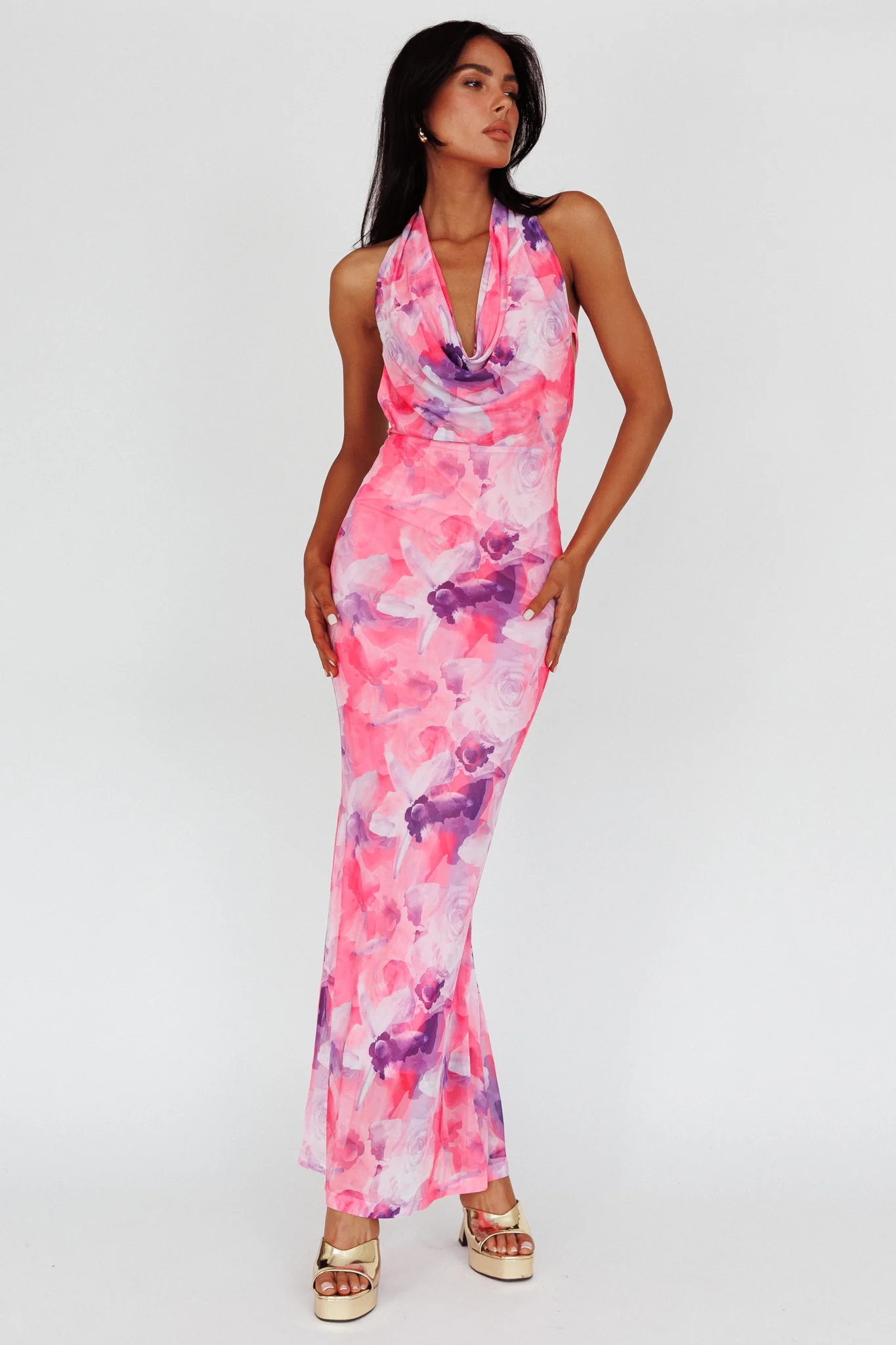 Janika Halterneck Maxi Dress Floral Pink - Sonourner