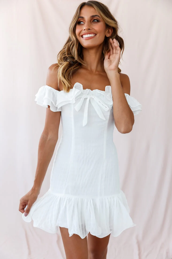 Heaven Bardot Neckline Ruffle Trim Dress White - Sonourner